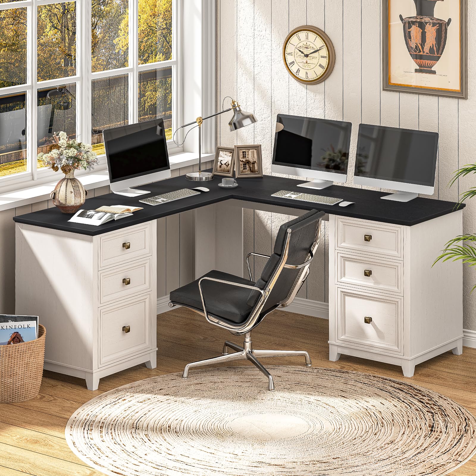 Vabches Farmhouse L Shaped Executive Desk with 6 Drawers, 59’’ Wood Home Office Desk with File Cabinet, Writing Corner Computer Desk for Home Office, Work, Study, White and Black
