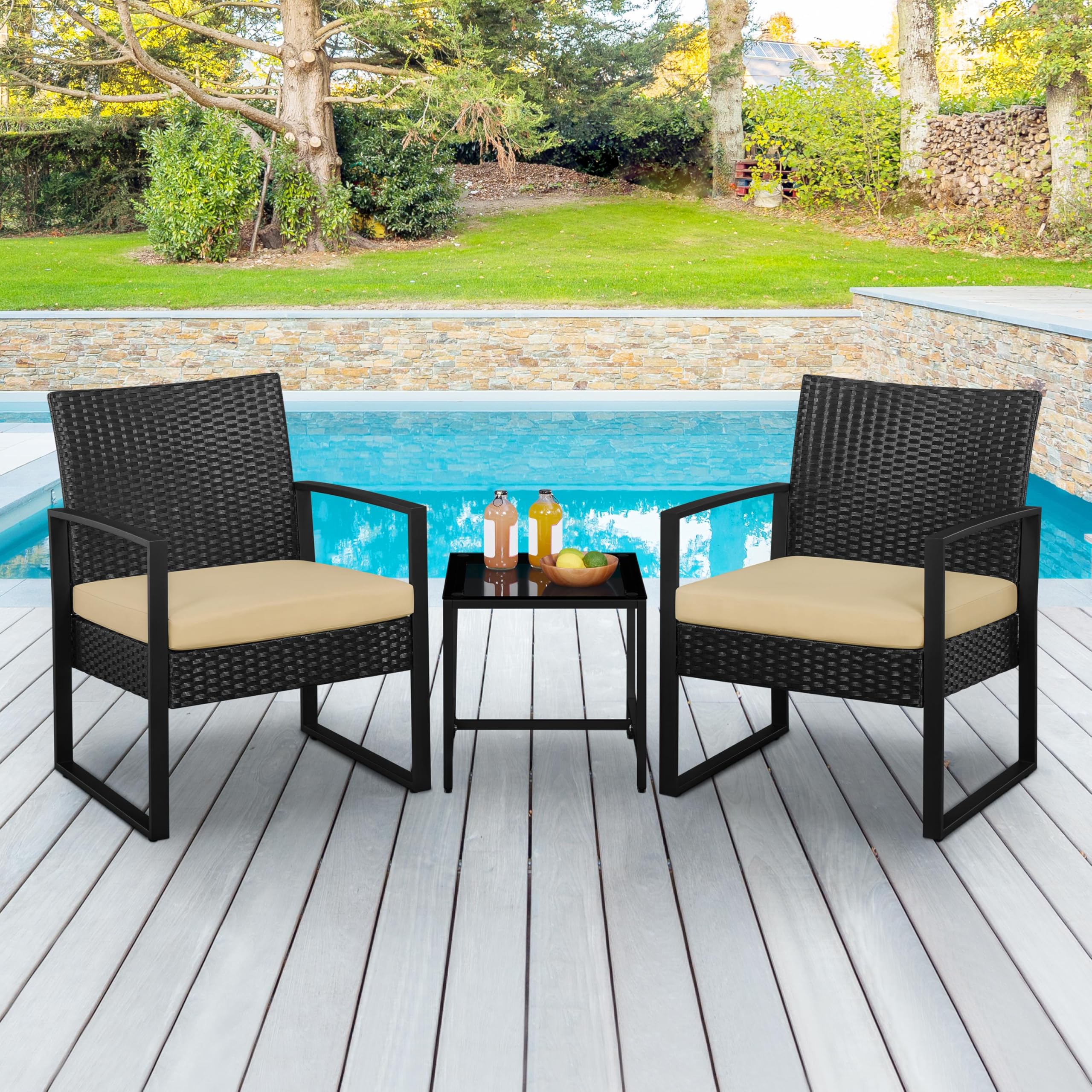3-Piece Rattan Bistro Set with Tempered Glass Coffee Table