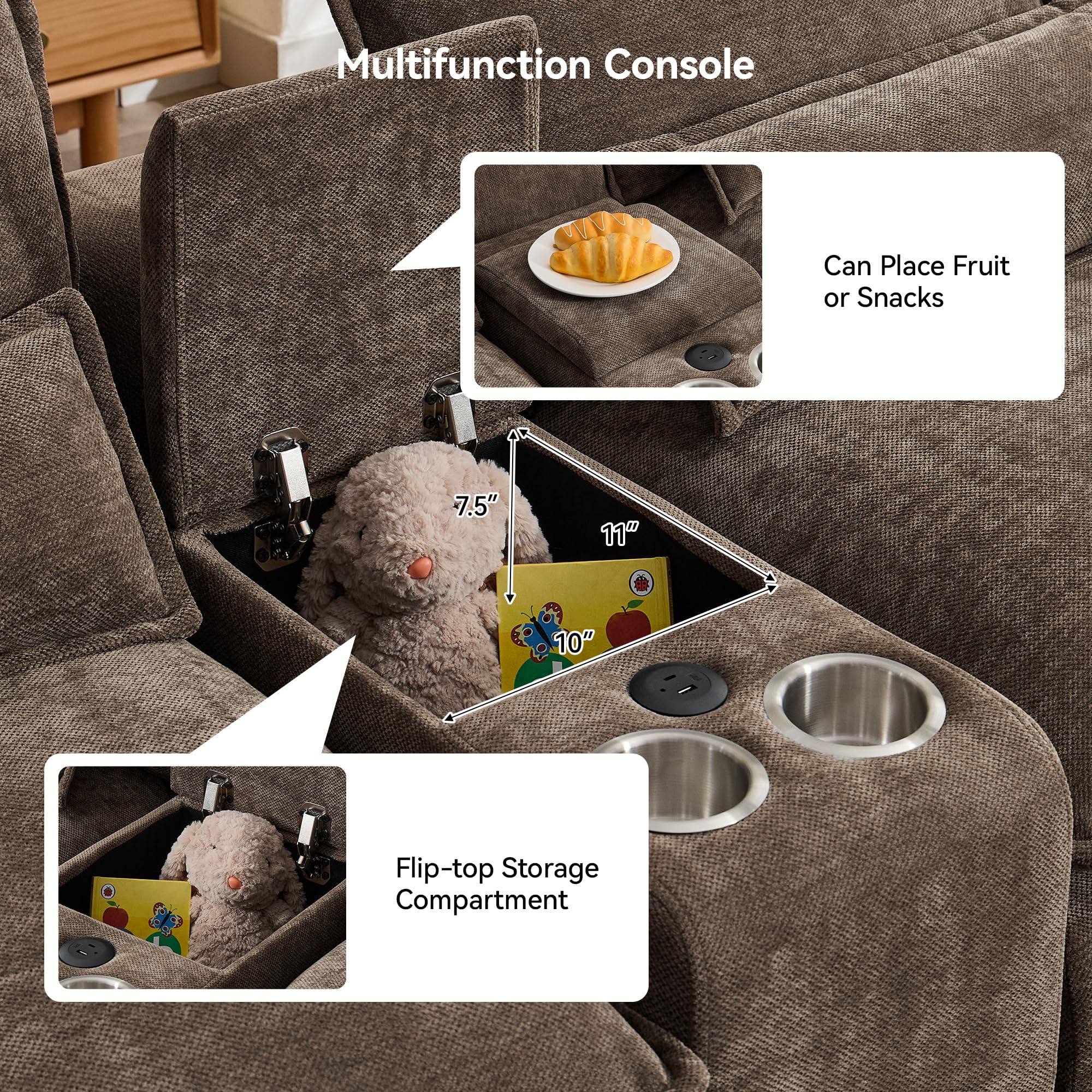 125" U Shaped Modular Cloud Couch, Small Deep Seat Sectional Sofa with Center Storage Console, USB Ports & Cup Holders, Comfy Couches for Living Room, Chenille Brown