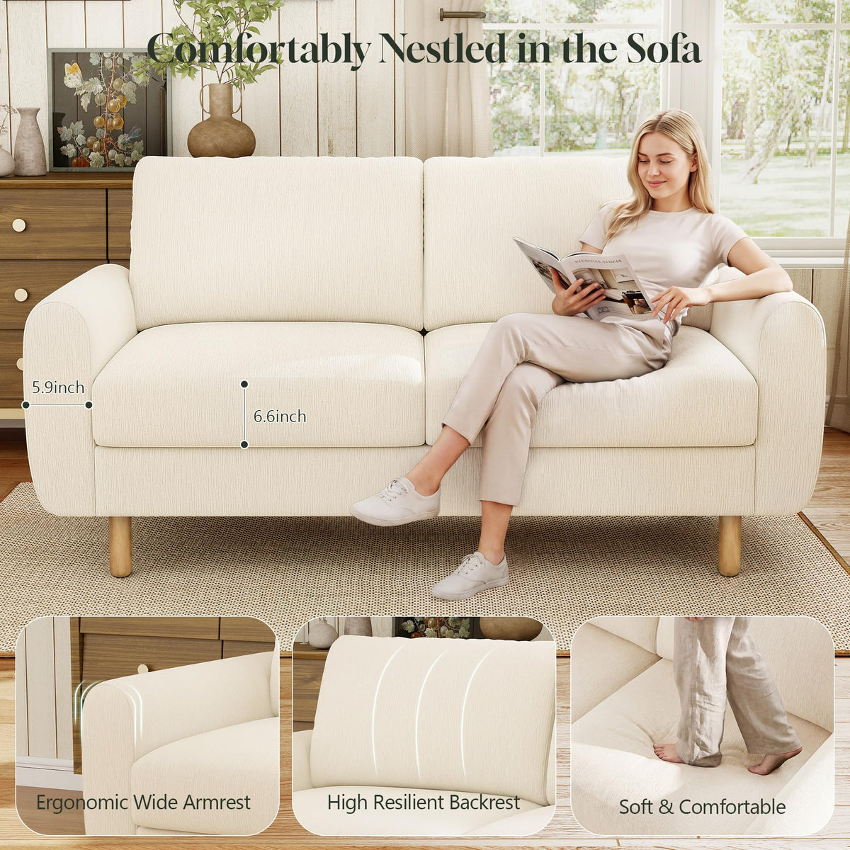 WorthFurni 68" Loveseat Sofa, Comfy Chenille Fabric Couches for Living Room with Spring Cushion and Solid Wood Frame, Modern Deep Seat Couch for Bedroom, Apartment, Office, Easy Assembly, Beige