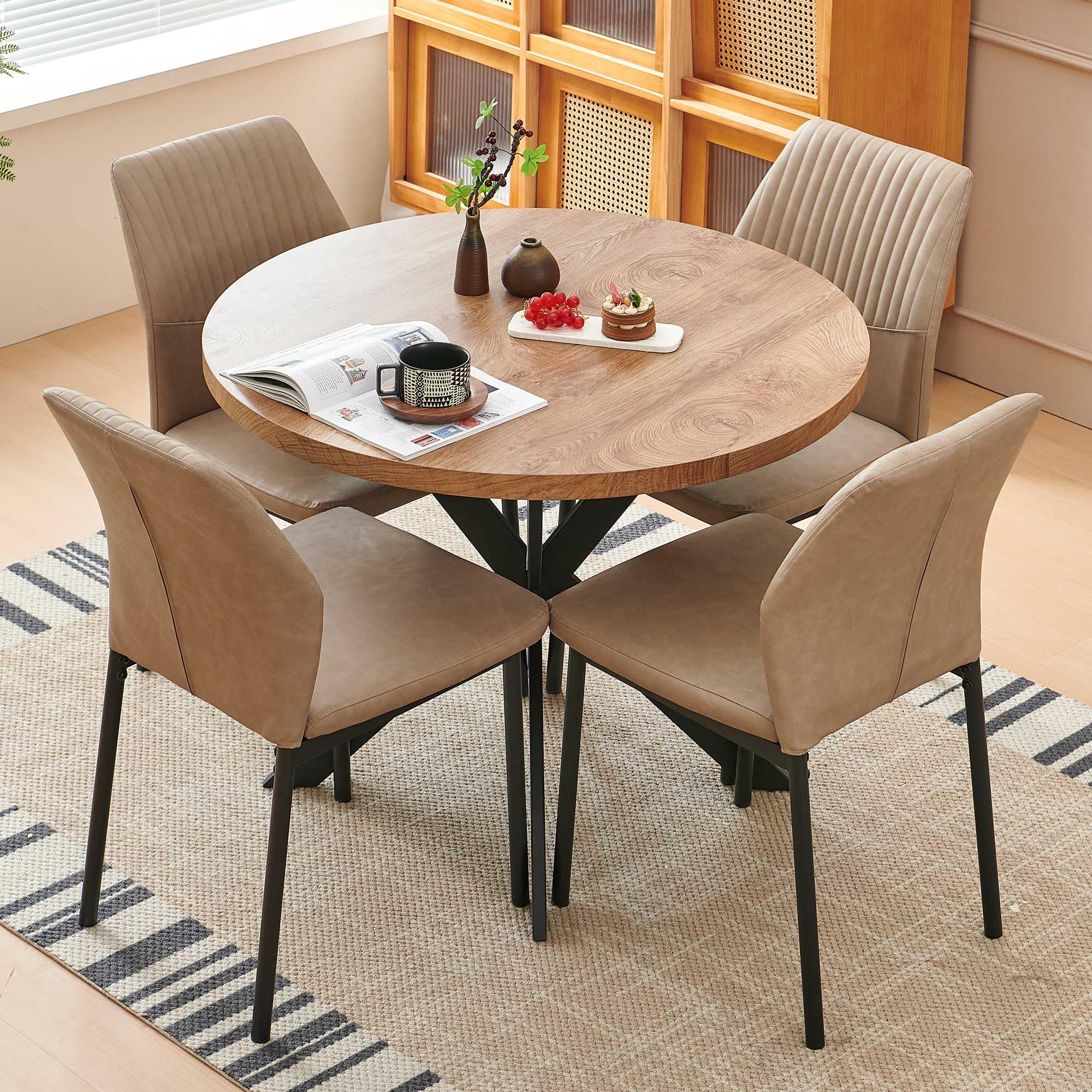 5-Piece Round Dining Set with Faux Leather Chairs
