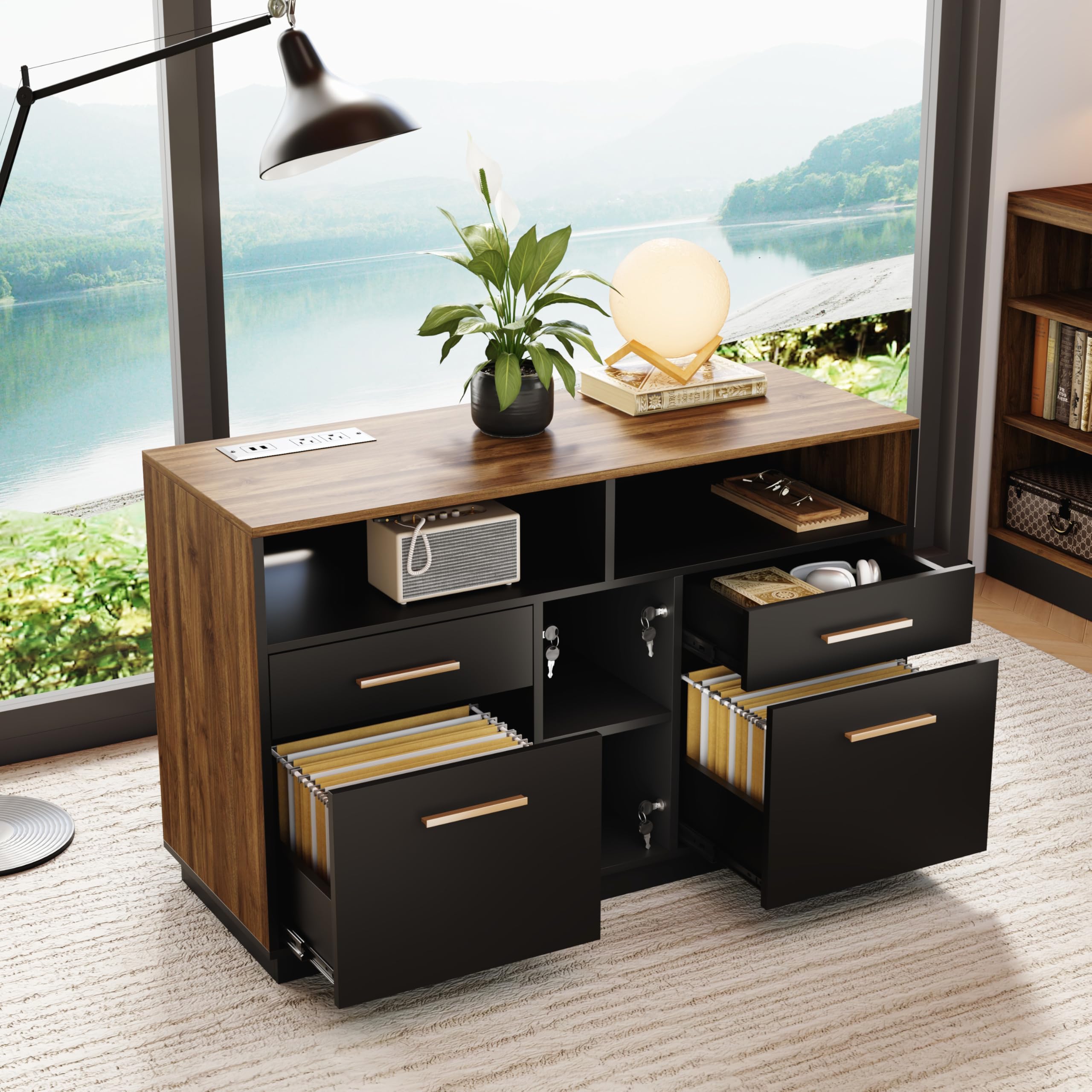 4-Drawer Wood File Cabinet with Lock & Power Strip