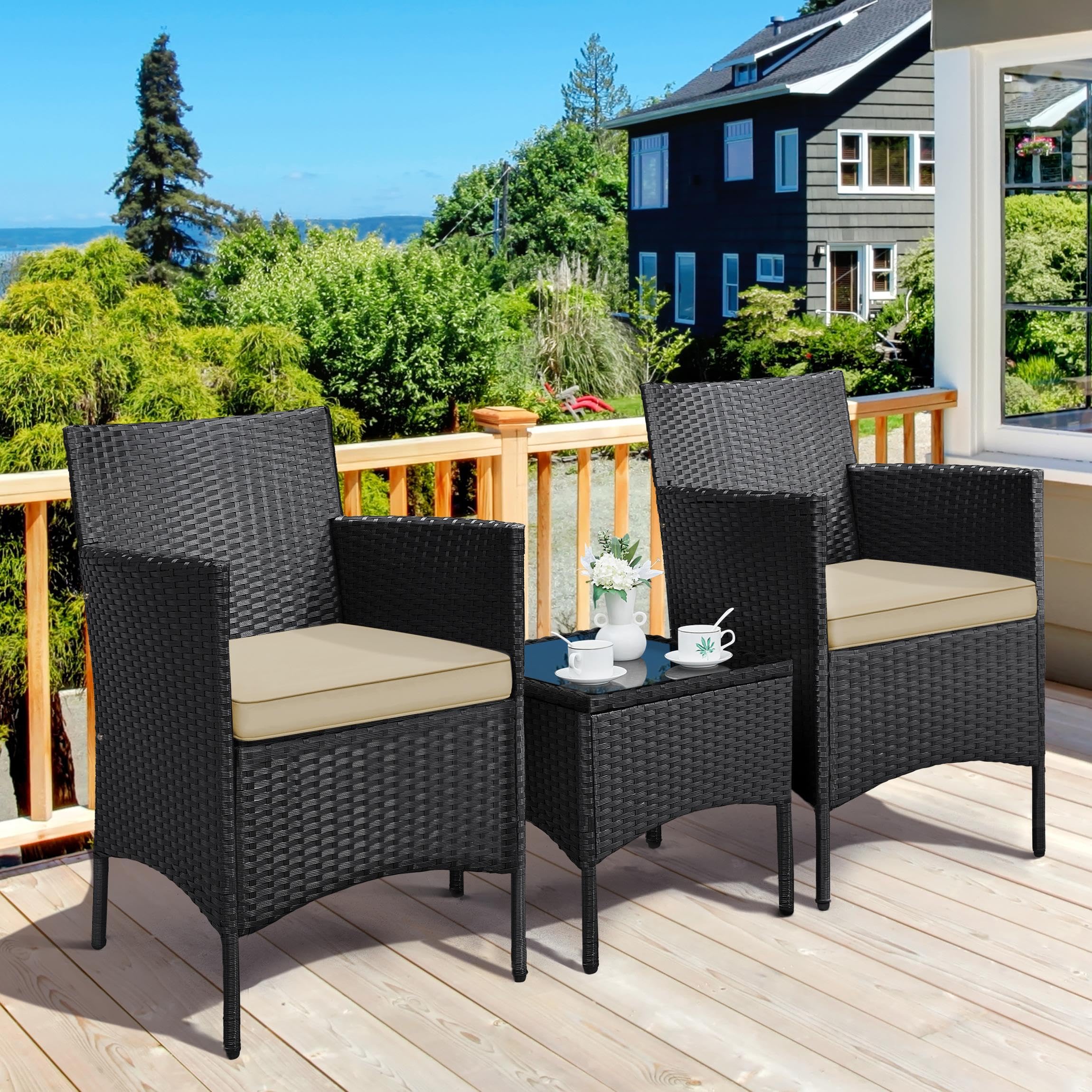 Yaheetech 3 Pieces Patio Conversation Set, Outdoor Rattan Bistro Furniture, 2 Chairs with Cushions & 1 Side Table for Bistro/Porch/Garden/Deck/Courtyard, Black/Khaki