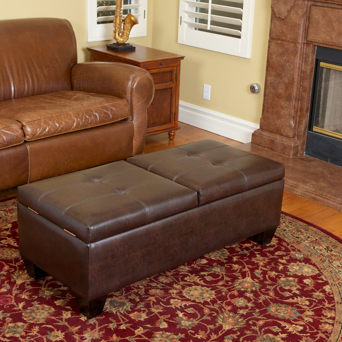 Brown Bonded Leather Storage Ottoman