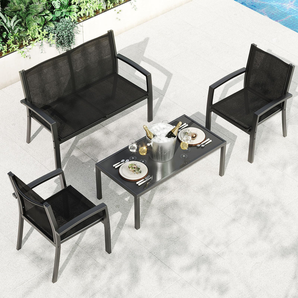 Garvee 4 Piece Patio Bistro Furniture Set, Outdoor Conversation Set with 3 Chairs, Loveseat & Glass Coffee Table, All-Weather Textilene Fabric & Steel Frame for Backyard, Poolside, Porch, Lawn - Black