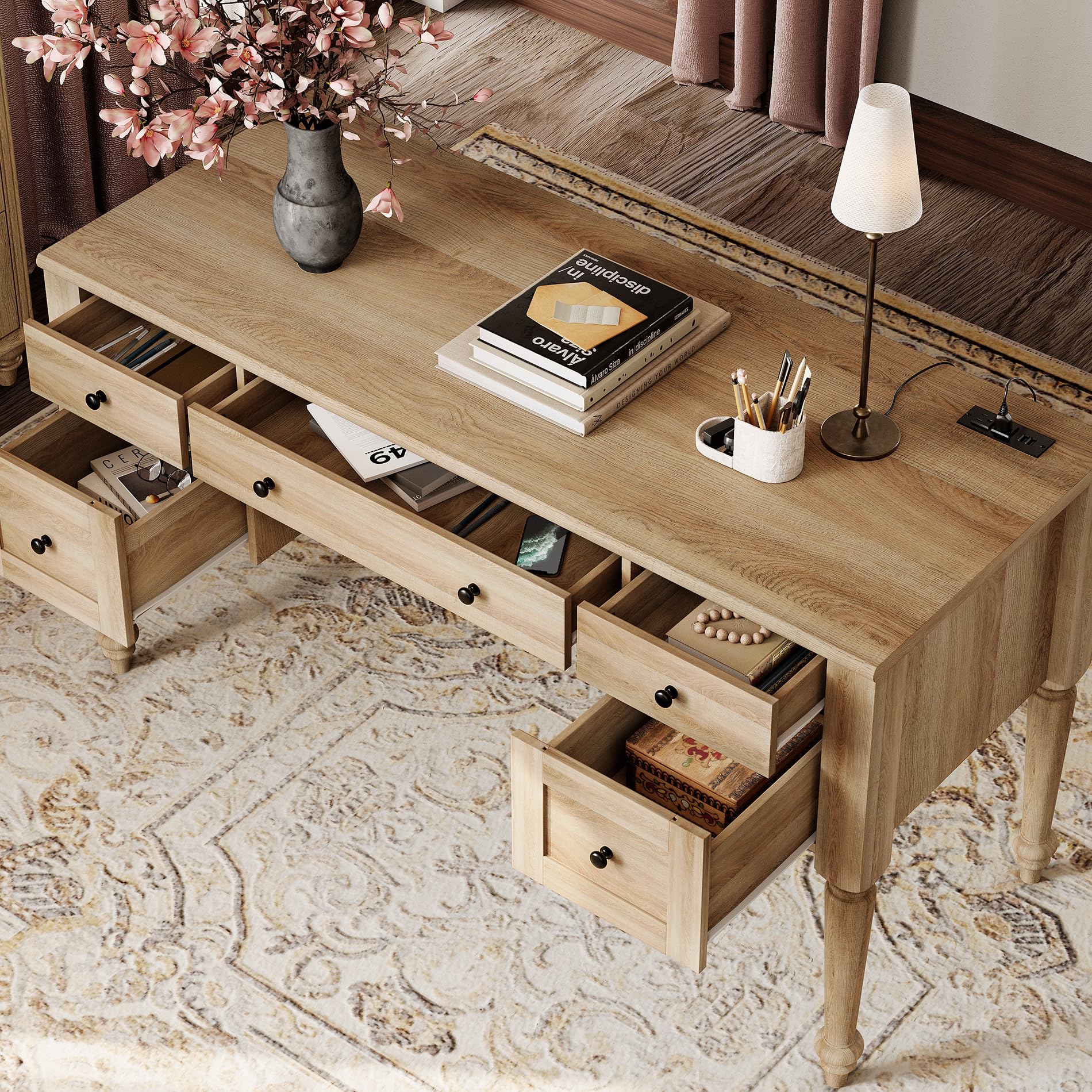 Farmhouse Office Set – 56" Desk with Charging Station & 72" Tall Bookcase