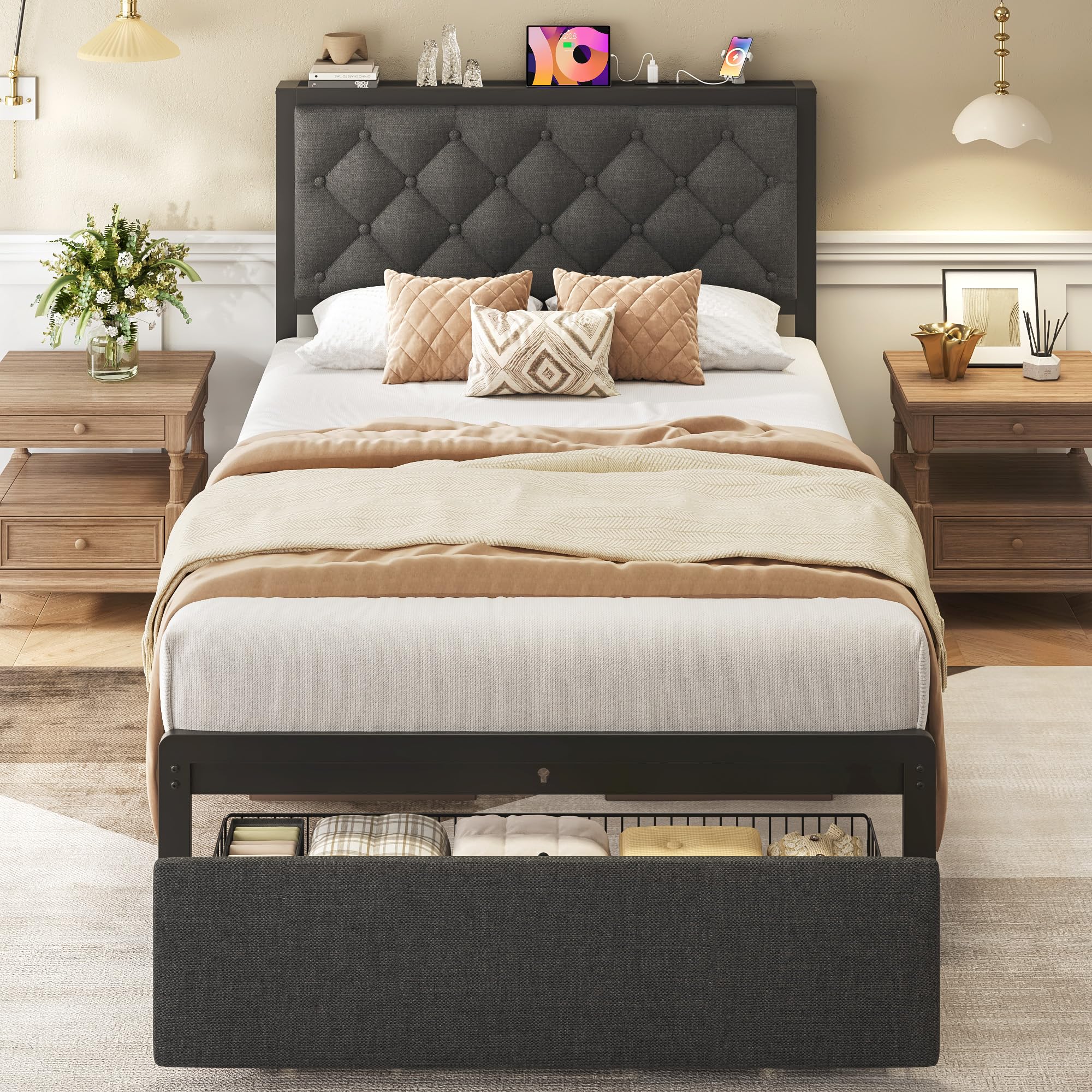 Fluest Twin Bed Frame with Storage Drawer, Upholstered Headboard Button Tufted Bed Frame with Charging Station, No Box Spring Needed, Noise-Free, All Metal Structure, Grey