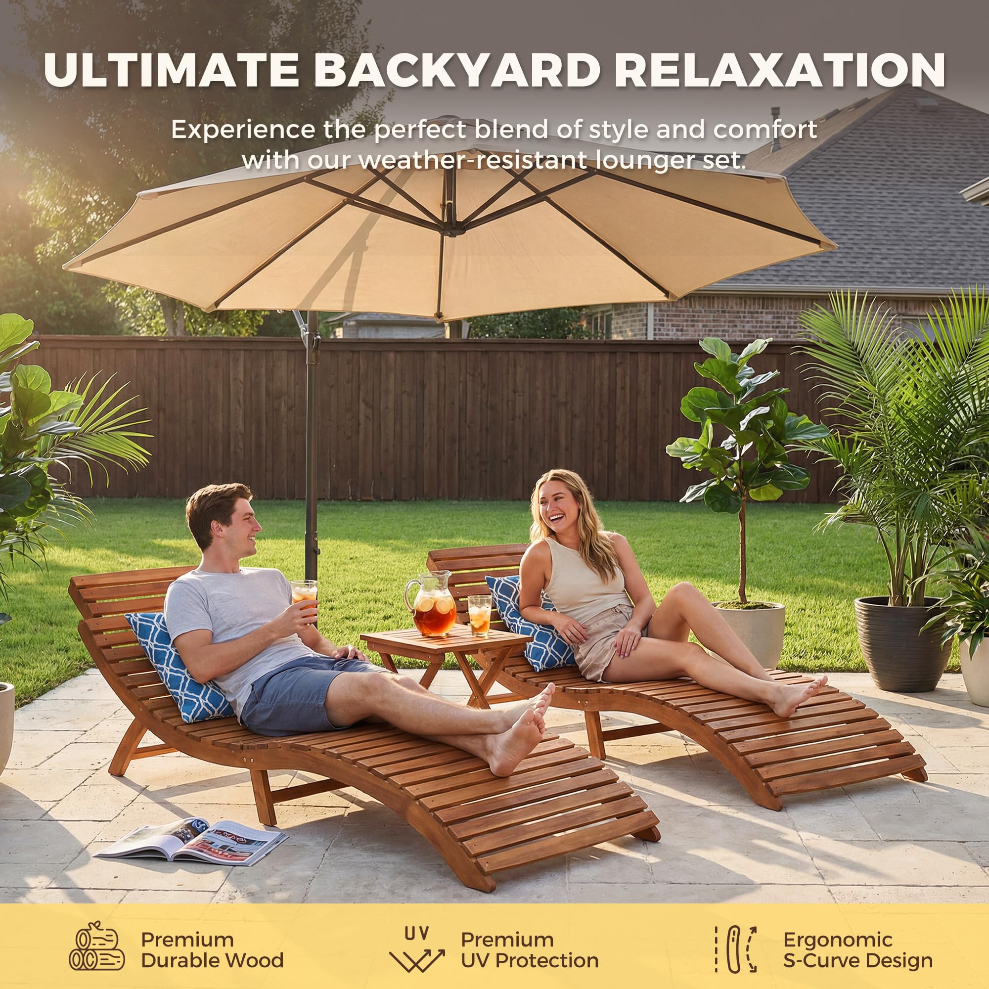 Acacia Wood Folding Chaise Lounge Chair (Set of 2)