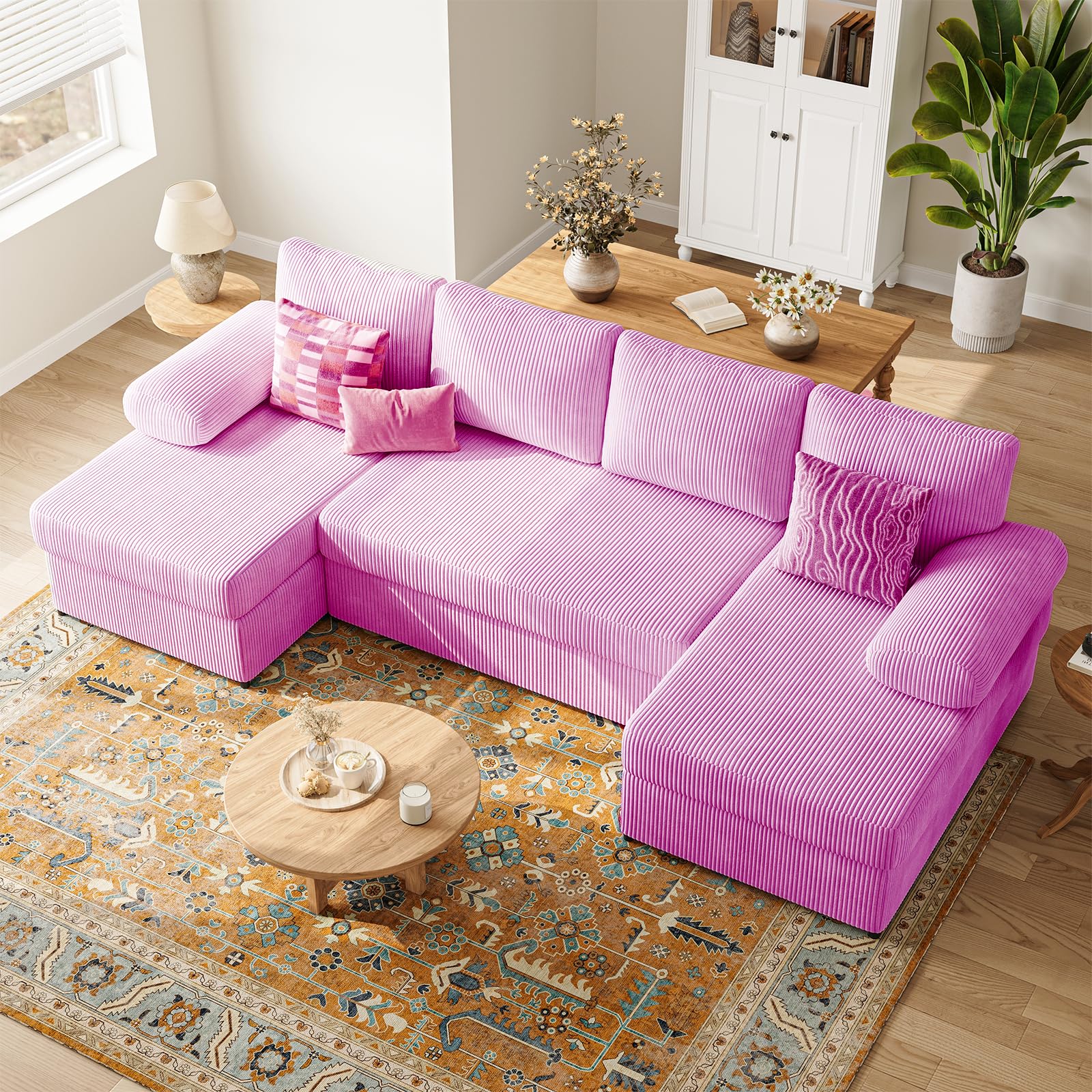 TROMIRY 112 Inch U Shaped Sectional Couch for Living Room Apartment 4 Seater Corduroy Sofa for Apartment | Pink