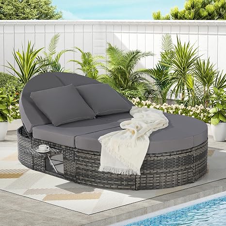 Outdoor Rattan Daybed with Adjustable Backrest & Cushions