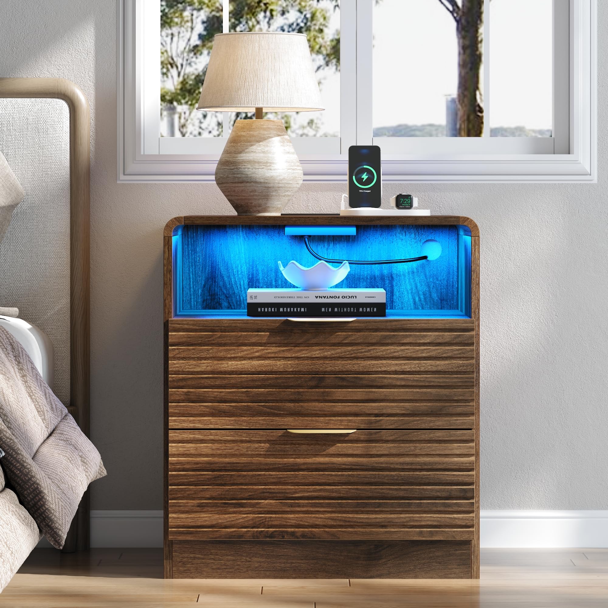 Fluted Nightstand with Charging Station & LED Lights
