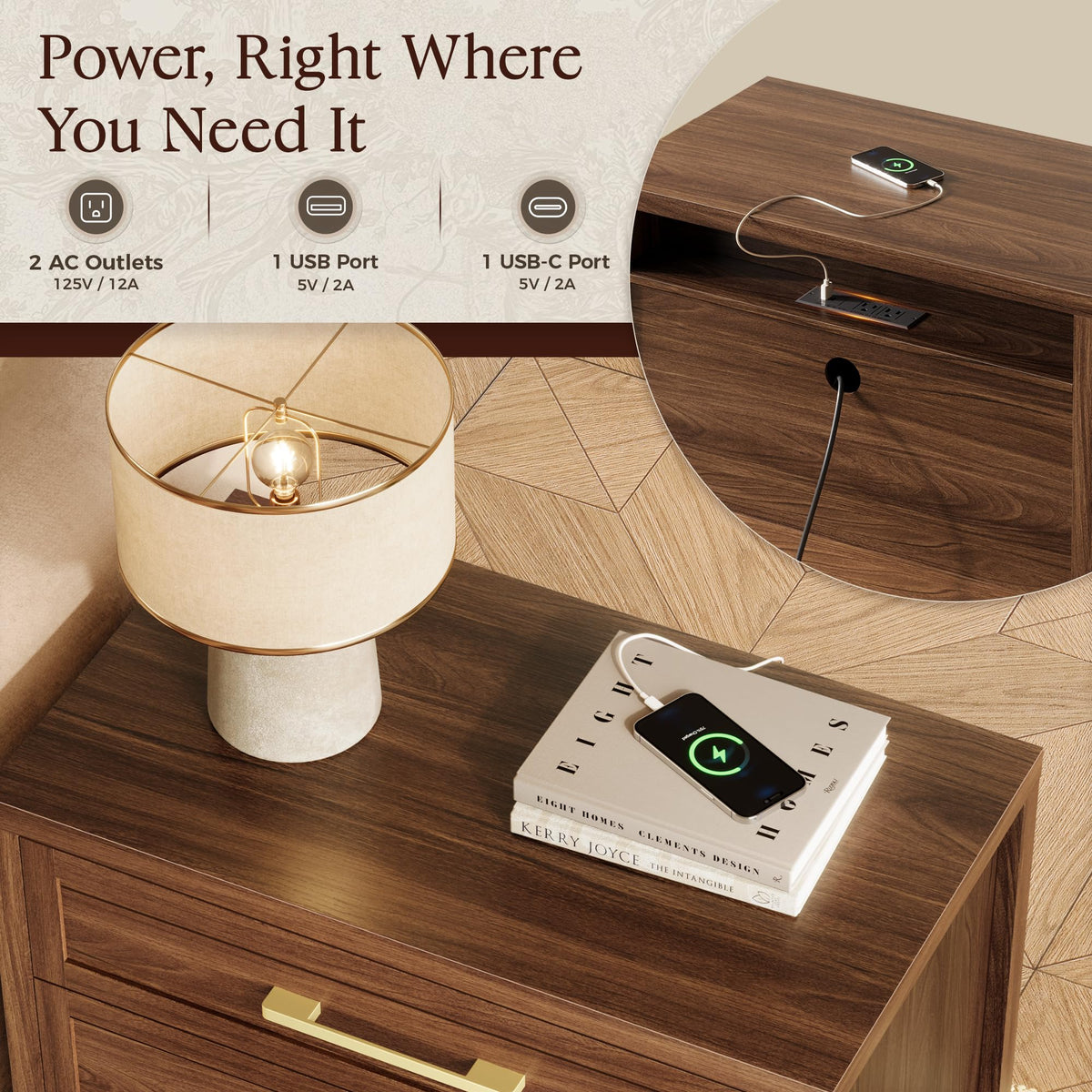 SUPERJARE 26.8'' Tall Night Stand with Charging Station, Set of 2