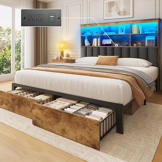 Queen Bed Frame with Storage Headboard & Drawers