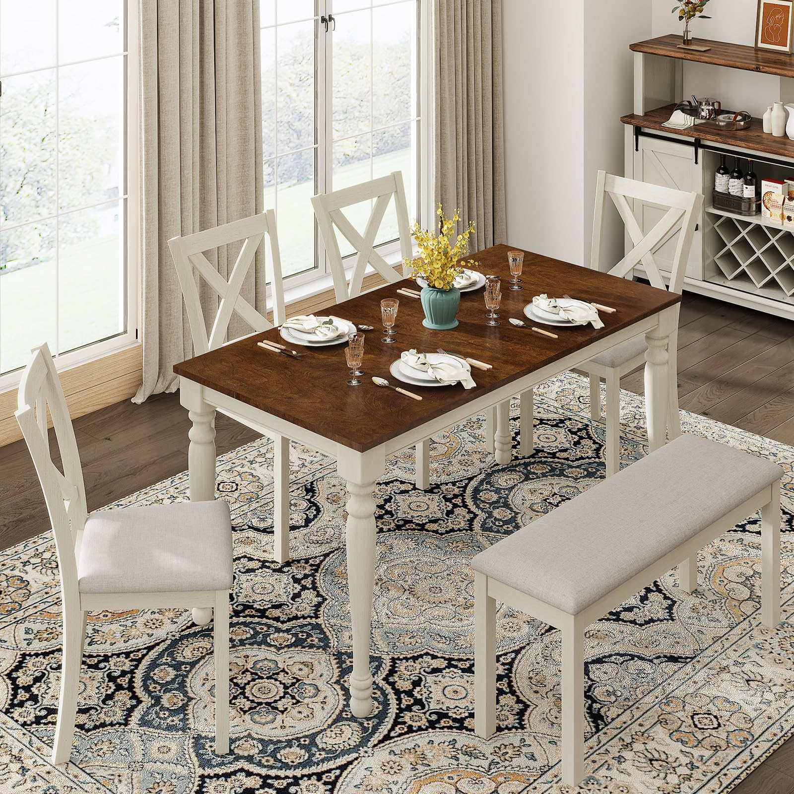 6-Piece Farmhouse Dining Table Set with Chairs & Bench