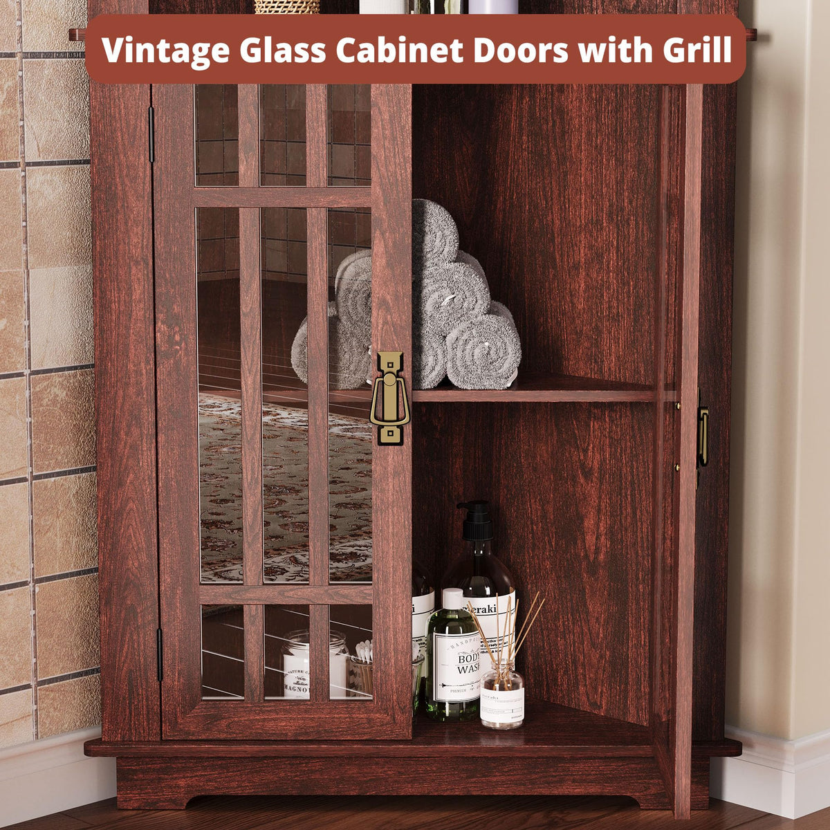 IRONCK Mid Century Modern Corner Cabinet, Red Walnut