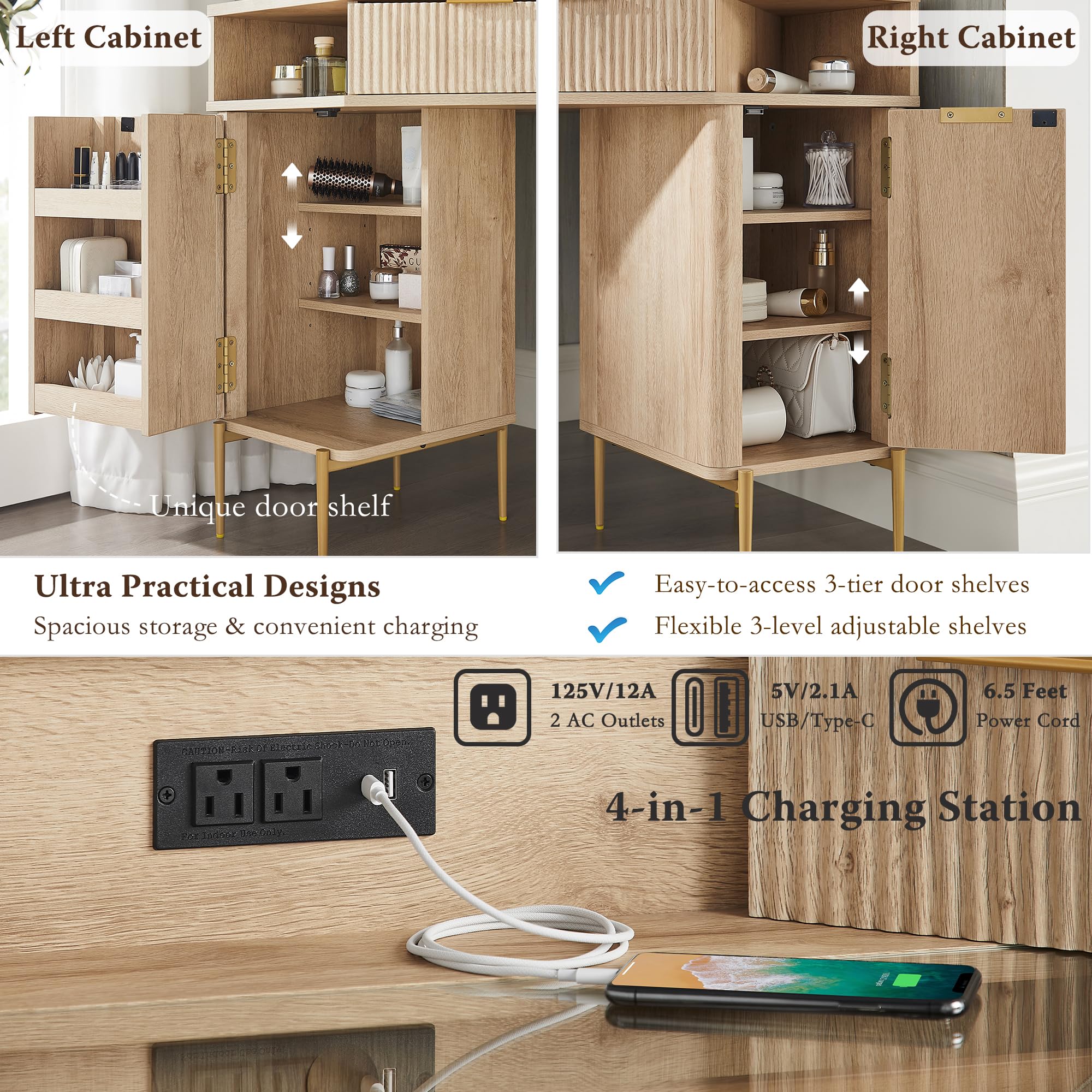 T4TREAM 48" Fluted Makeup Vanity Desk with HD Triple Mirror and Lights, Large Lighted Corner Vanity with Glass Top, Modern Dressing Table with 3 Drawers & 2 Cabinets for Bedroom, Natural Oak