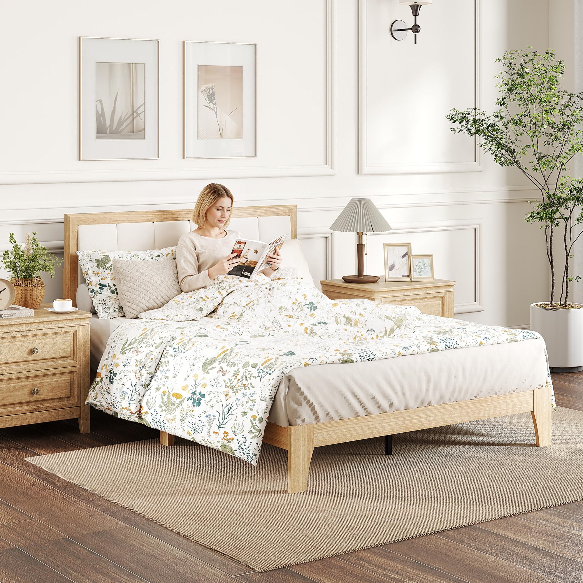 HOMCOM Full Size Bed Frame with Upholstered Headboard, Platform Bed Frame with Wooden Slats, No Box Spring Needed, Easy Assembly, Natural