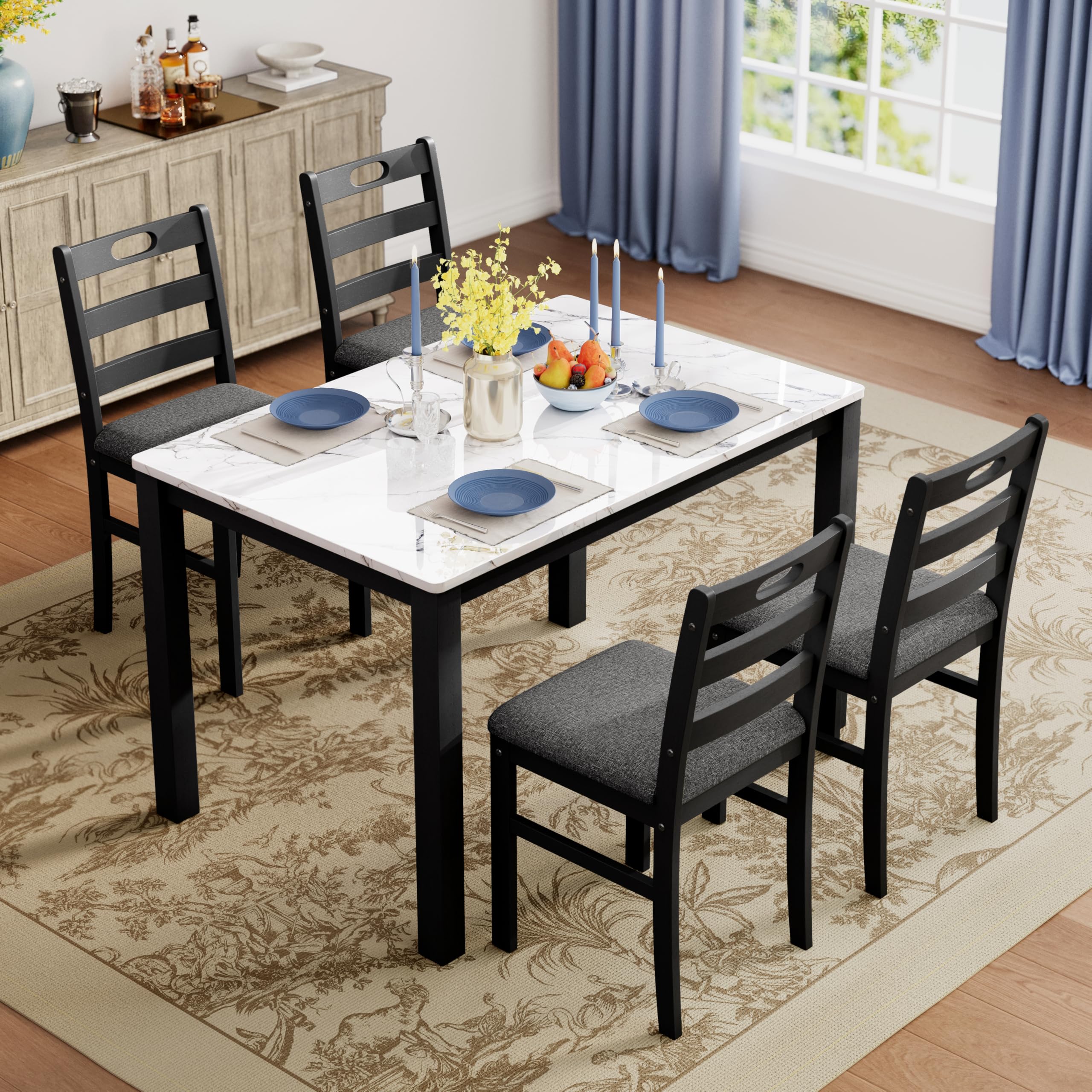 5-Piece Solid Wood Dining Table Set with Faux Marble Top