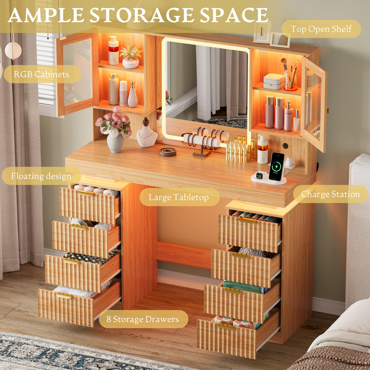 BOXACTION 45" Floating Vanity Desk with RGB Lighting & Led Mirror, Oak