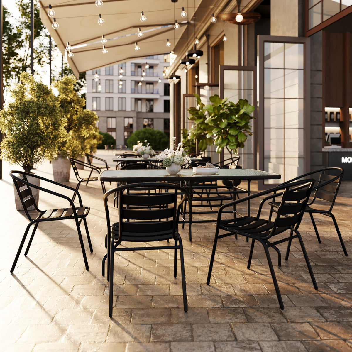 Flash Furniture Lila 7-Piece Glass Patio Table and Chairs Set, Outdoor Patio Dining Set with Rectangular Table and 6 Slat Back Patio Chairs, Black