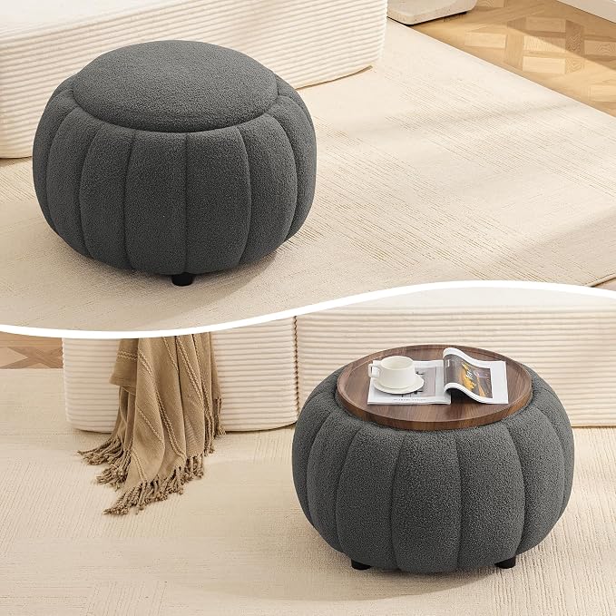Beige Round Storage Ottoman