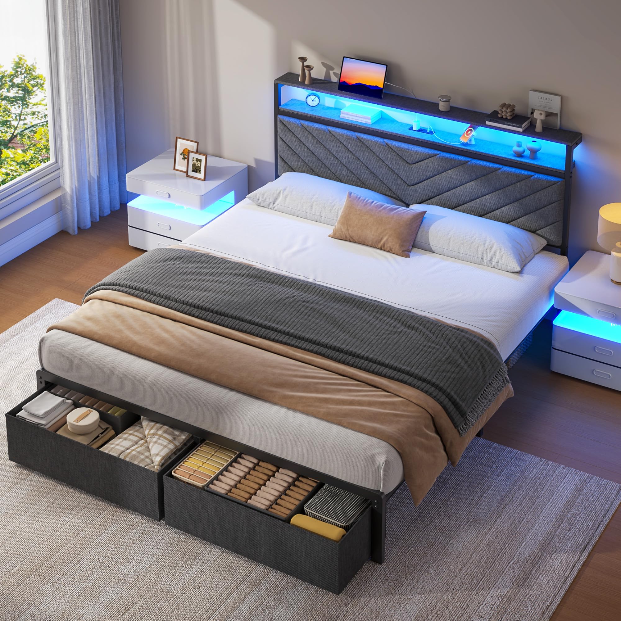 Upholstered Bed Frame with Storage Drawers, Charging Headboard & LED Lights
