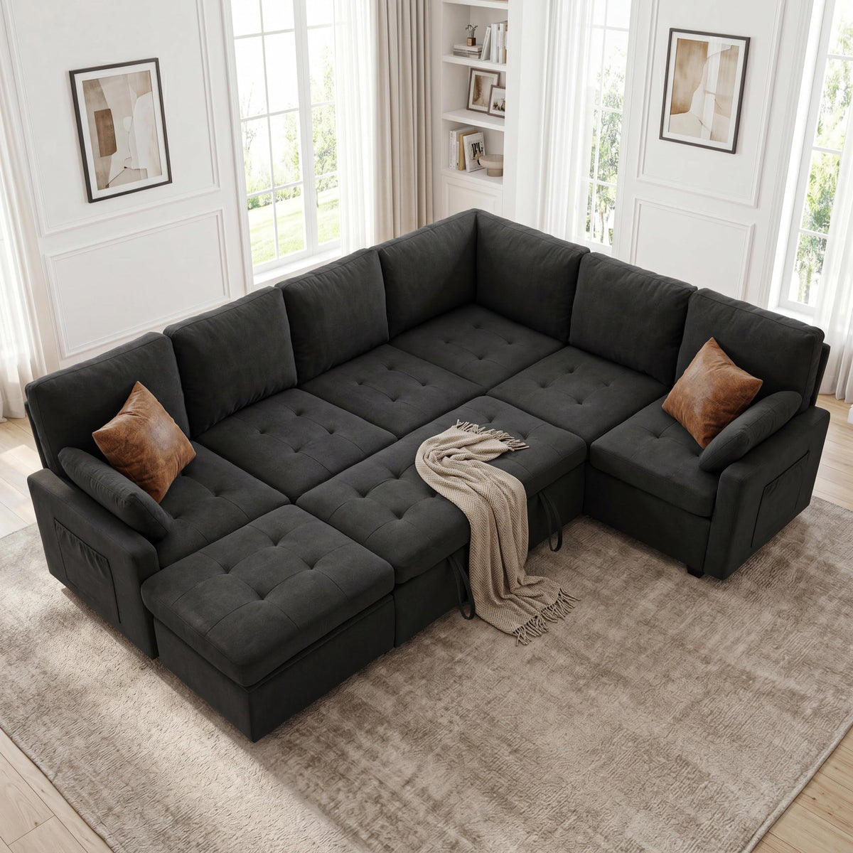 Leitonroom 105" Pull Out Couch with Storage, Sleeper Sofa, 7 Seat U Shaped Sectional Couches for Living Room, Family & Pet Friendly Chenille, Modular Sectional Couch with Removable Covers, Black