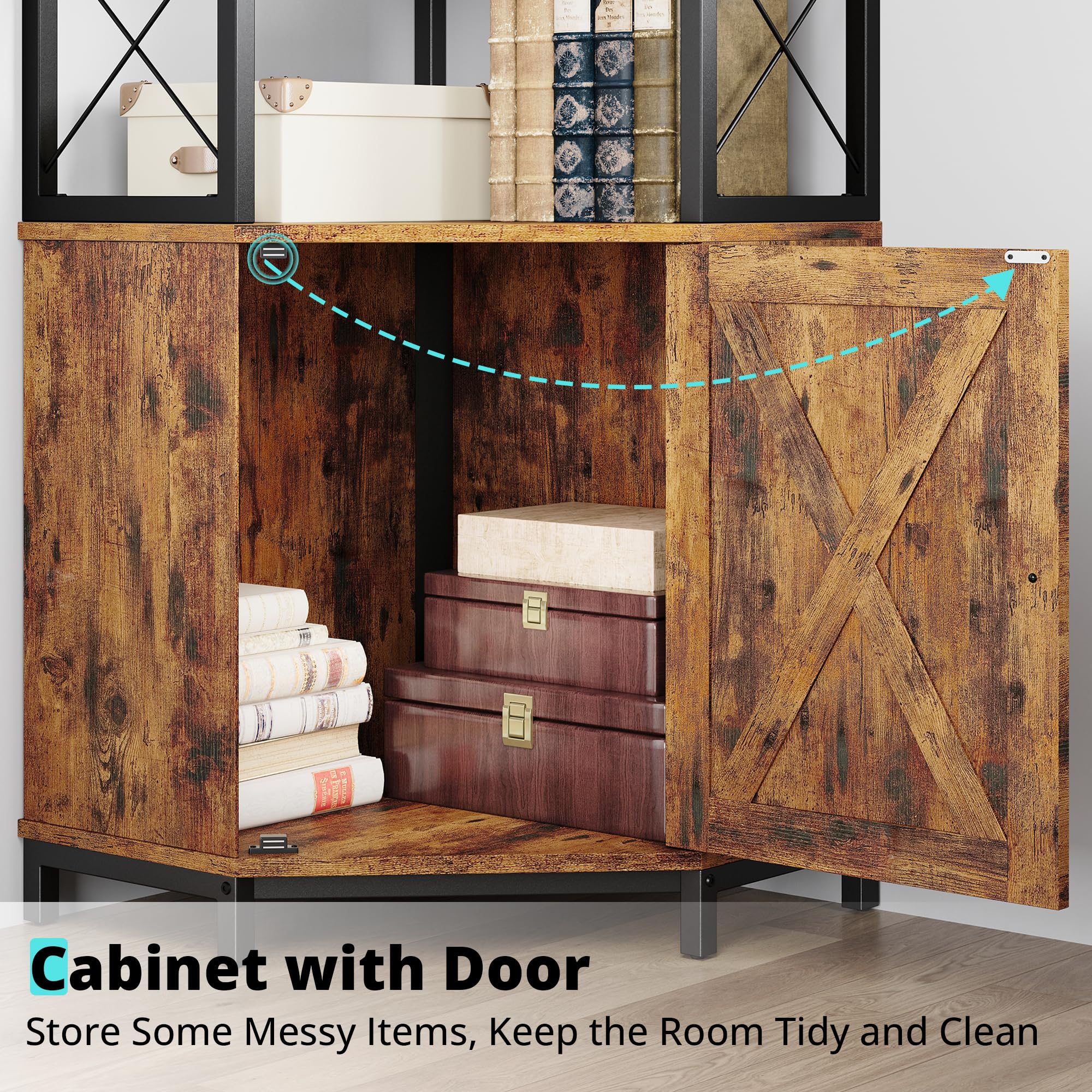 IRONCK Corner Bookshelf with 5-Tier Open Shelves, 77.9" Tall L-Shaped Bookcase with Enclosed Cabinet, Adjustable Feet, Anti-Tip Device, Walnut
