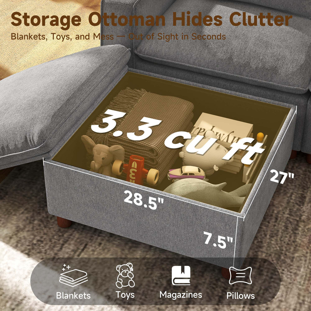 Ihanherry 134" Oversized Modular Sectional Sofa with Storage Ottomans, Chenille Cloud Couch with Deep Seat and Seamless Backrest, Couches for Living Room, Grey