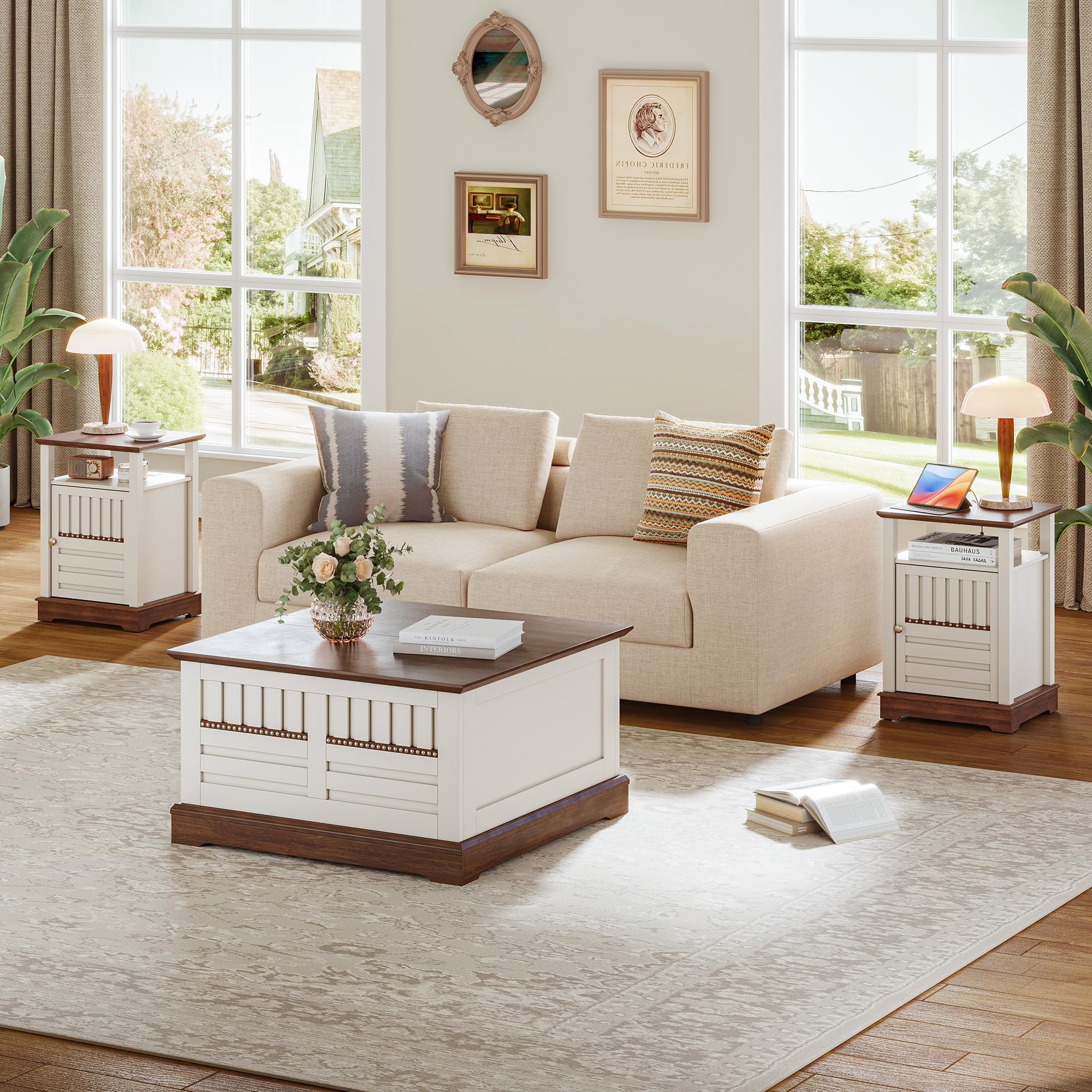 3-Piece Farmhouse Coffee Table Set with Lift-Top & Charging End Tables