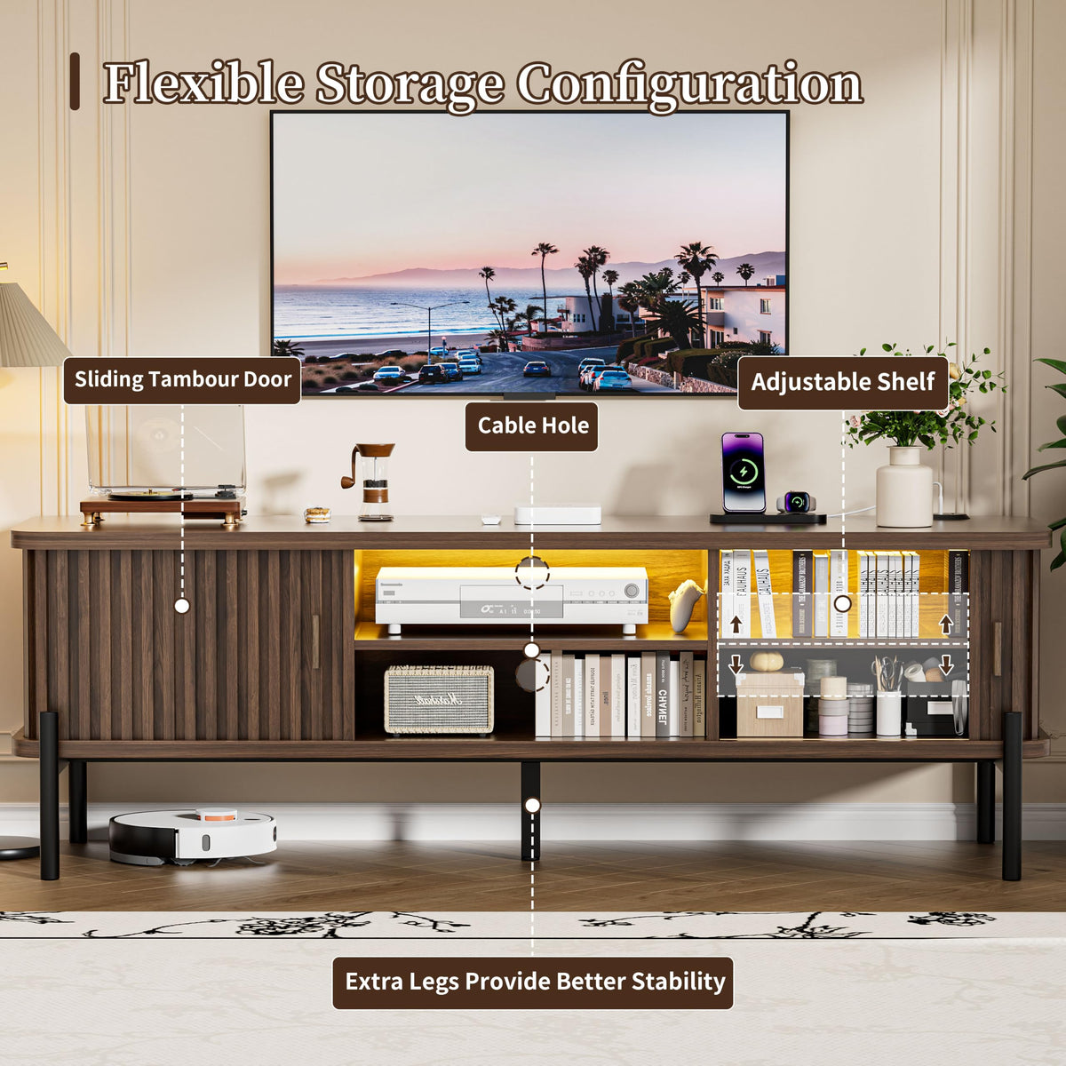 Mid Century TV Stand for TVs up to 80 Inches, Modern Fluted Entertainment Center with Sliding Tambour Doors, Smart LED Lights, Adjustable Shelves and Storage, TV Console for Living Room, Walnut