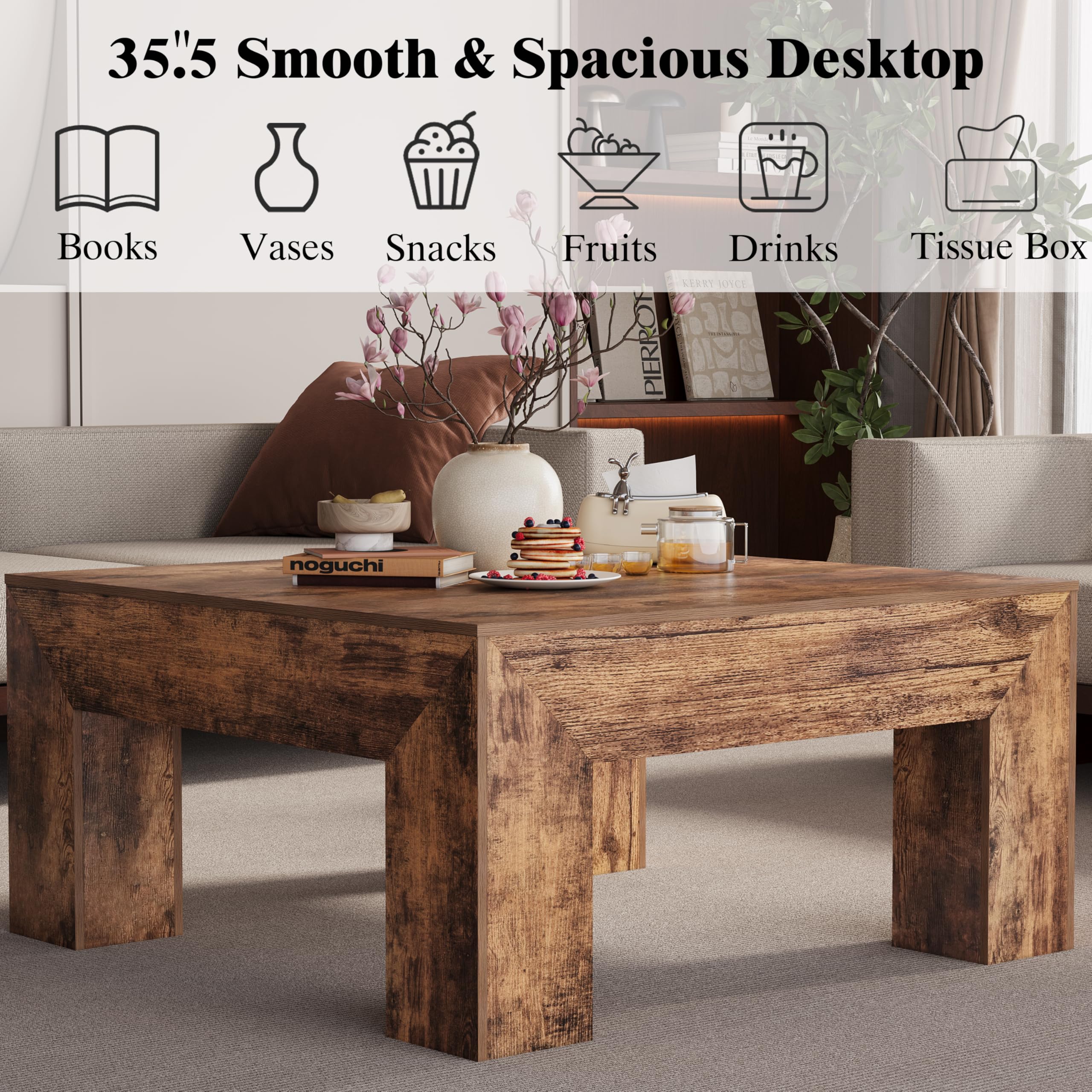 Square Coffee Table with Thick Base – Rustic Brown