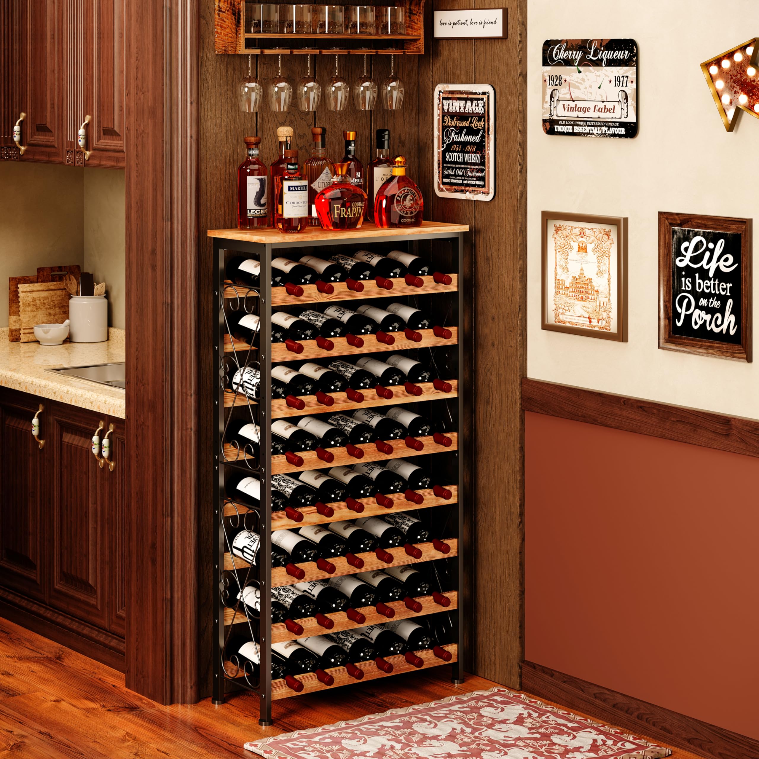 Sonyabecca 48 Bottle Wine Rack Freestanding Floor with Wood Top,8-Tier Wine Storage Shelf with Serving Station, Wine Holder for Kitchen, Bar, Dining Room, Home Bar Cabinet for Wine Bottles, No Wobble