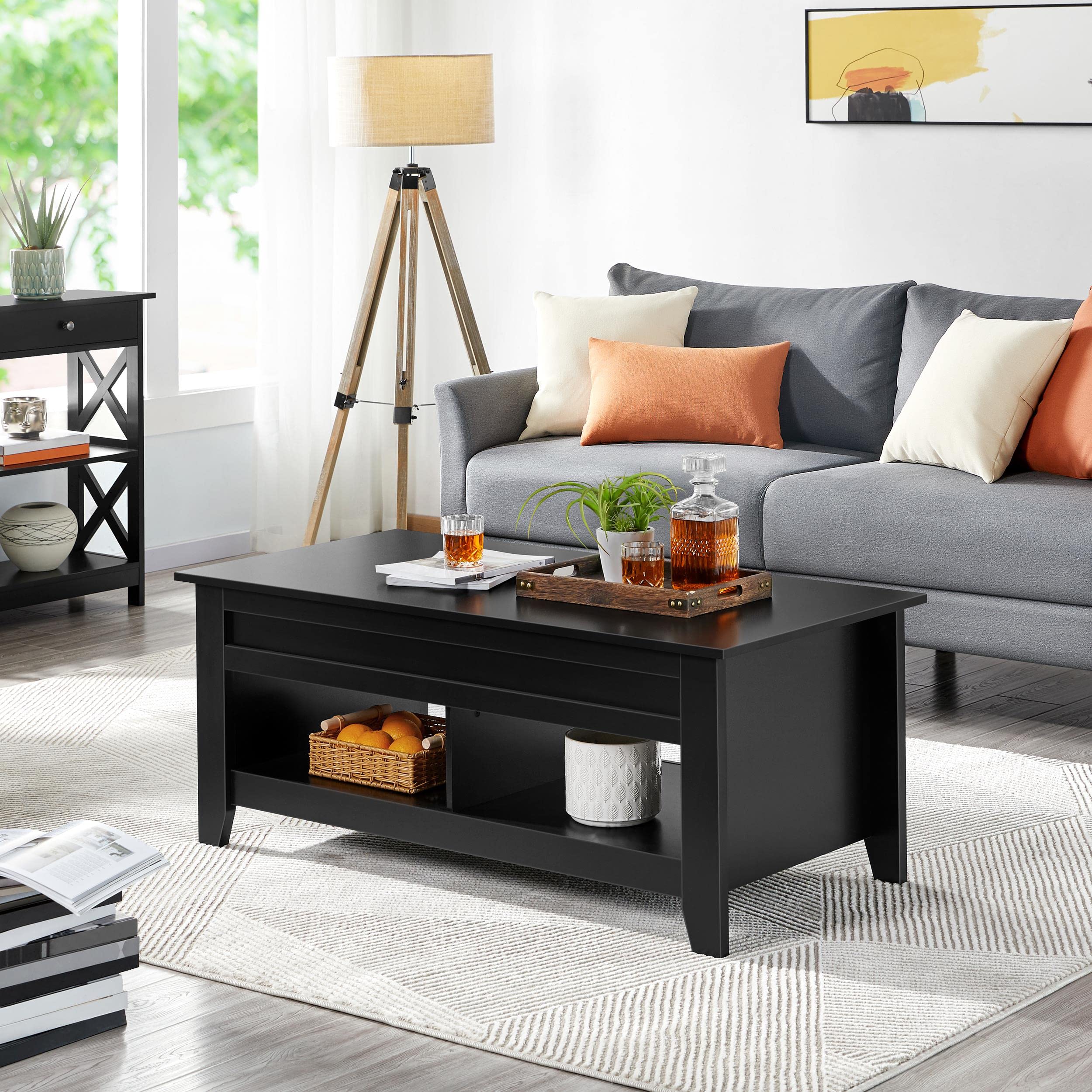 Yaheetech 47.5in Coffee Tables and 2PCS Side Tables Set, Lift Top Coffee Table with Storage and 3 Tier End Table with Storage Shelf for Living Room Black