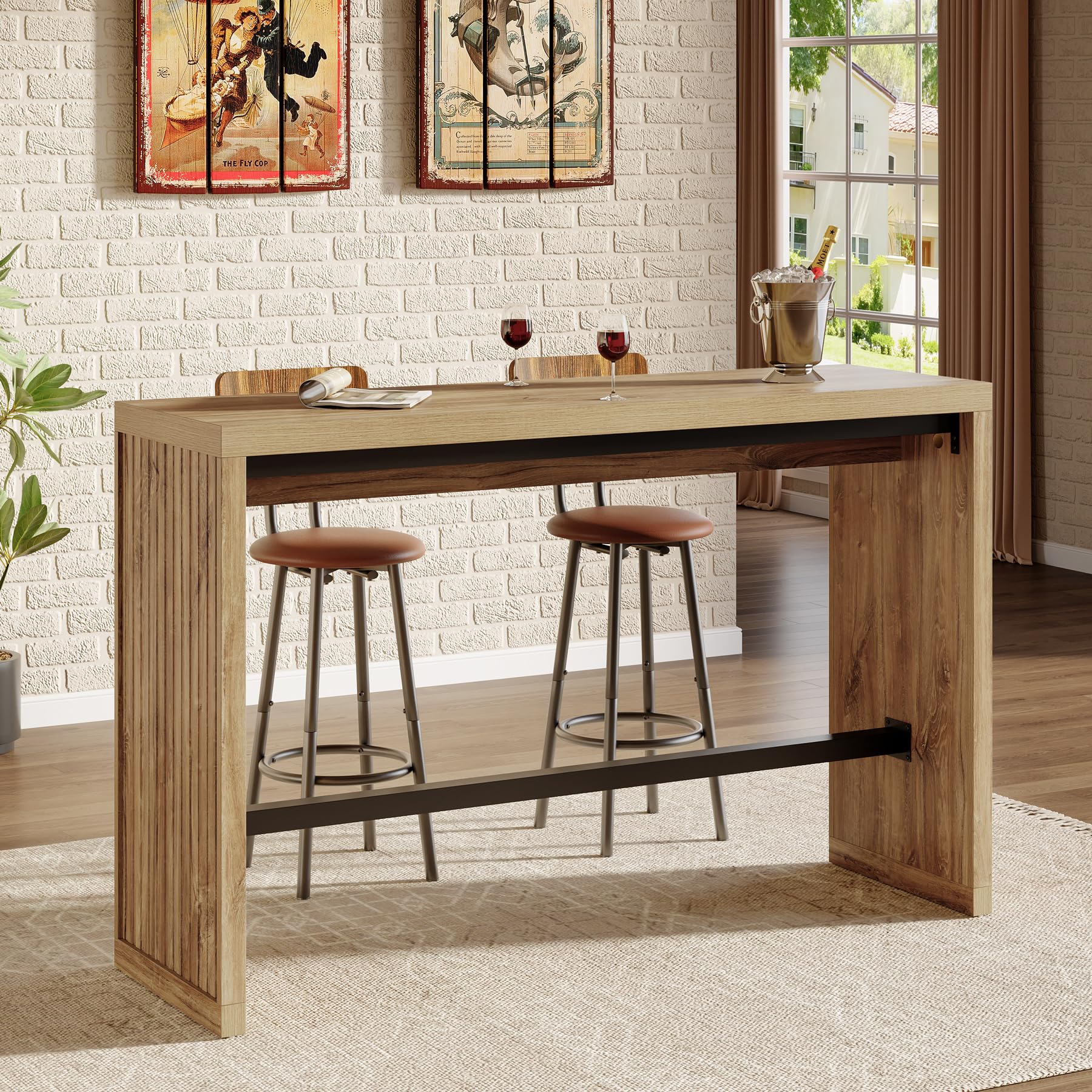 Tribesigns Bar Table, 55-Inch Counter Height Pub Table with Metal Footrest, Rectangular High Top Counter Dining Furniture for Home Bar, Kitchen, Dining Room, Bistro, Living Room, Rustic Brown