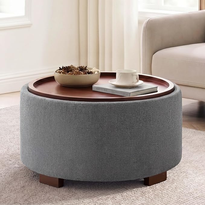 Round Storage Ottoman with Flip-Top Tray Lid & Wood Legs