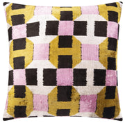 CANVELLO Handmade Velvet Throw Pillow with Pink, Gold, and Black Geometric Design 20x20-Inch Decorative Accent with Premium Down Feather Insert