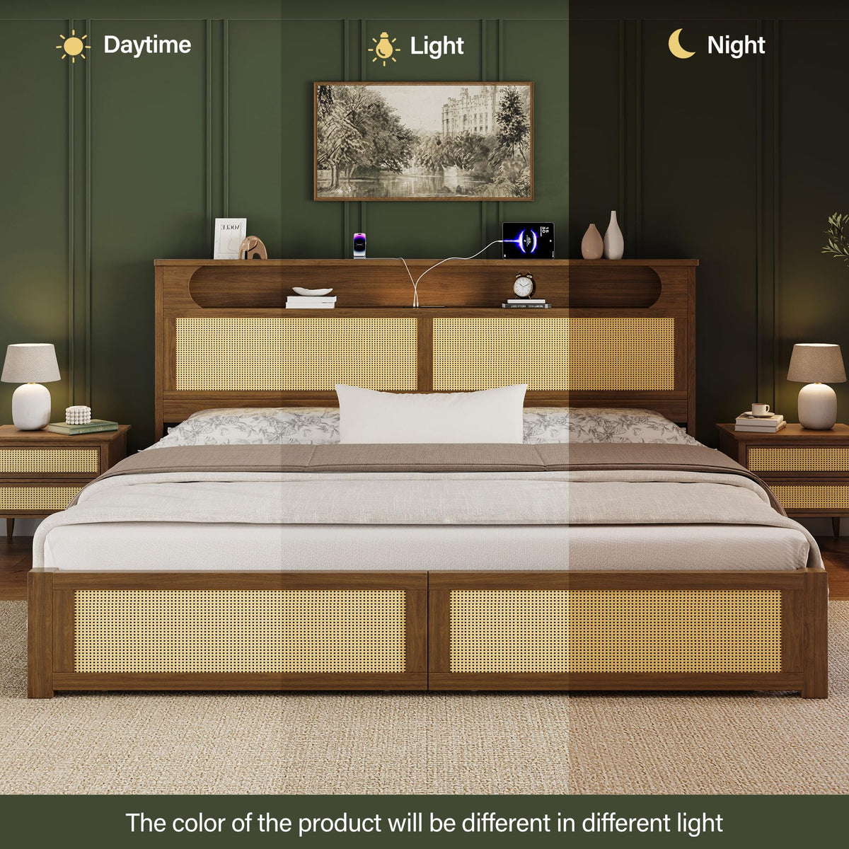 Belffin King Size Rattan Bed Frame with 2 Storage Drawers, Wood Bed, Brown