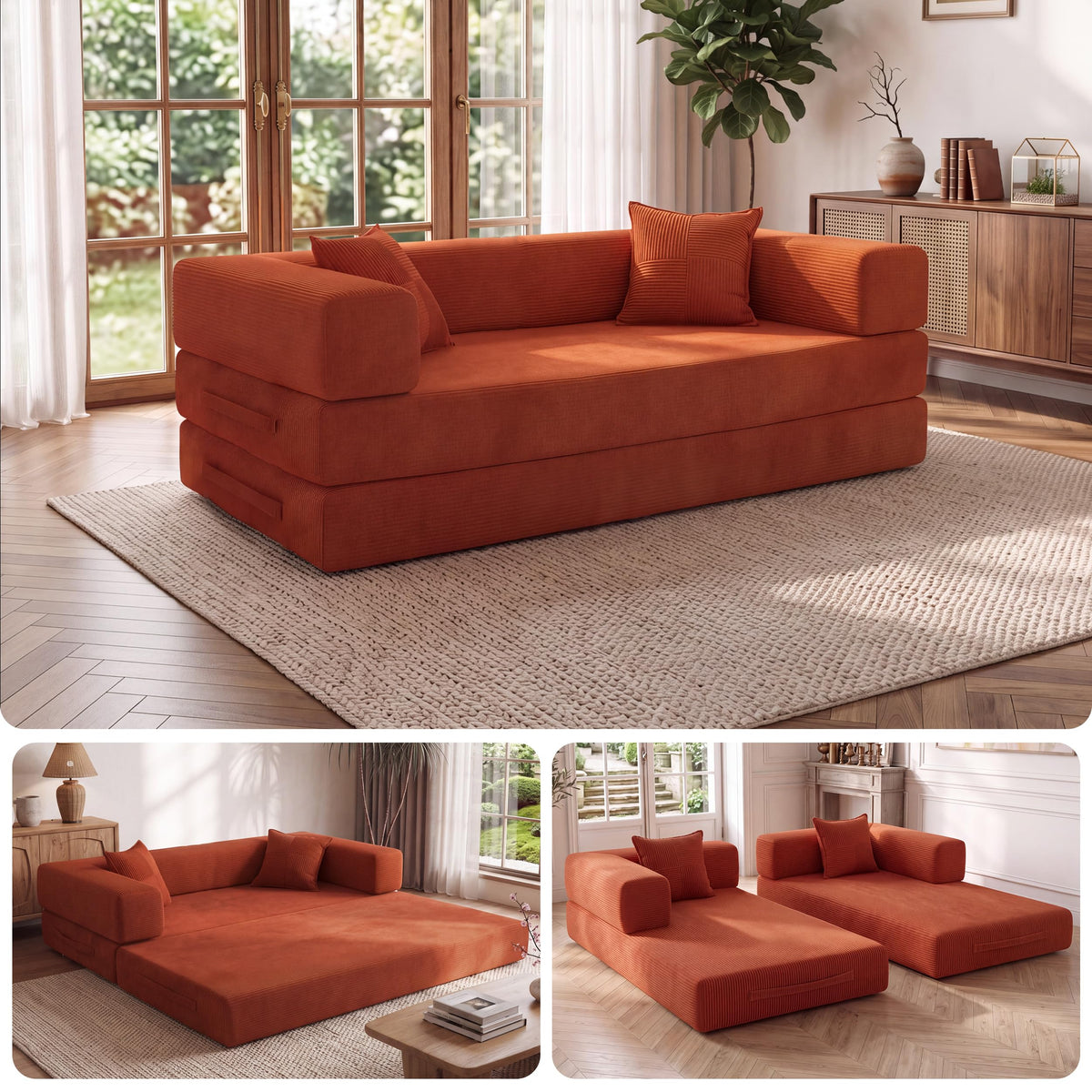 Vipbear 63" Convertible Futon Sofa Bed, 5-in-1 Boneless Couch with 2Pillows