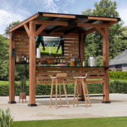 Cedar Wood Outdoor Bar Grill Gazebo with TV Mount & USB Charging