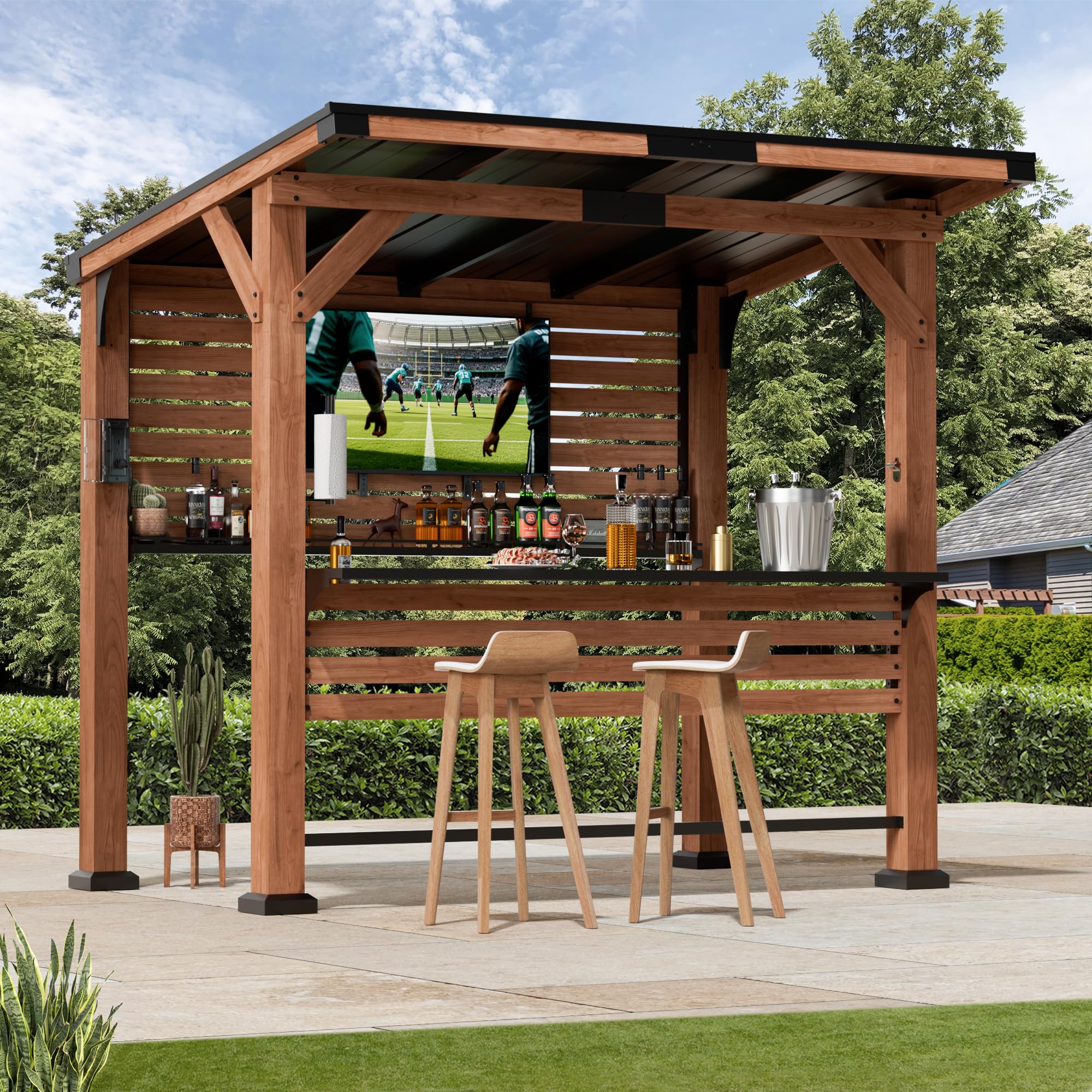 Modern Shade The Aura Cedar Wood Outdoor Bar with Shelves & Paper Towel Holder, Grill Gazebo with USB and USB-C Charging Ports, Wood Gazebo with TV Mount, Galvanized Steel Sloped Roof for Patio