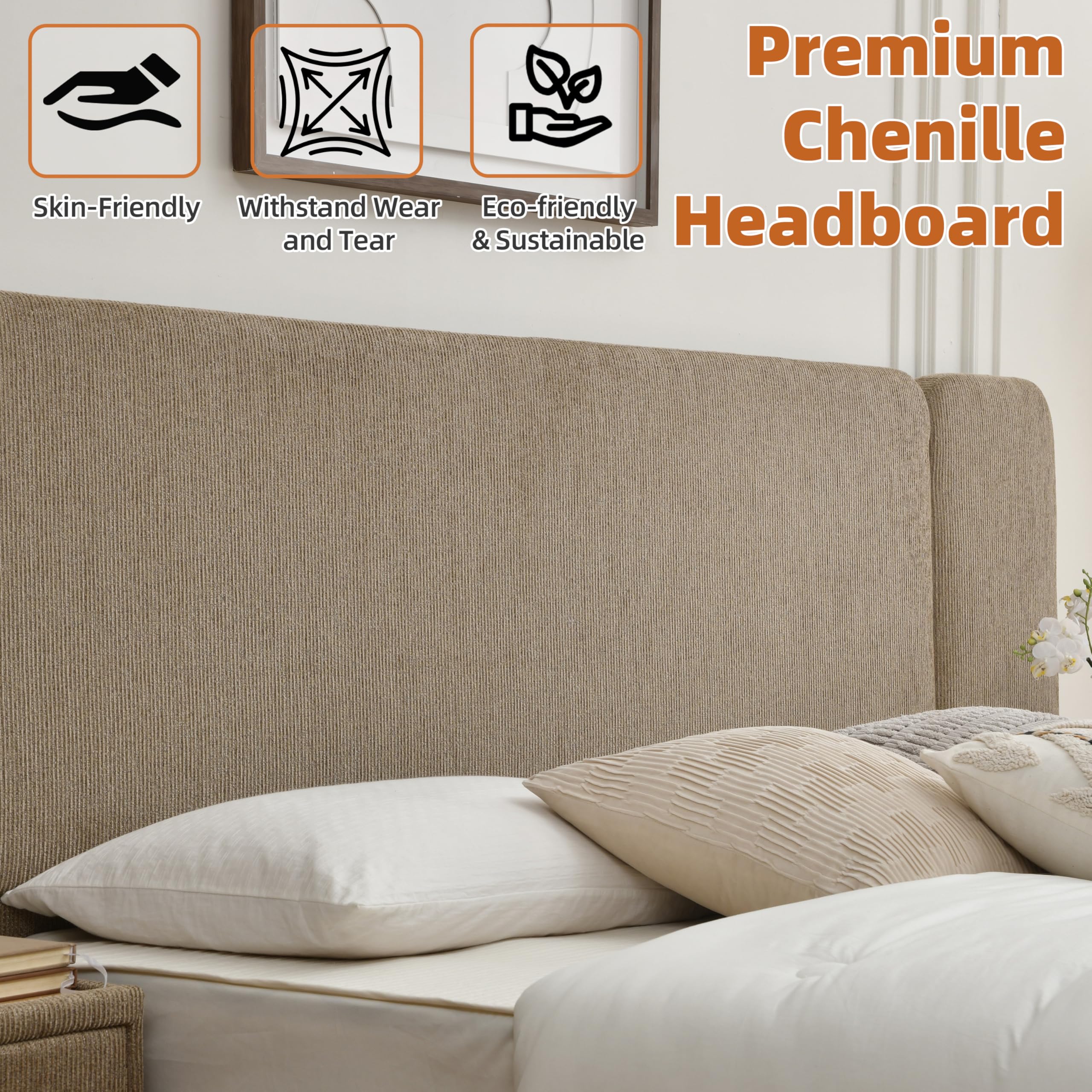 Queen Size Platform Bed Frame with 2 Built-in Nightstands, Wood Bed Frame with 2 Storage Drawers, Luxury Bed Frame with Chenille Upholstered Headboard, Easy Assembly, No Box Spring Needed, Brown