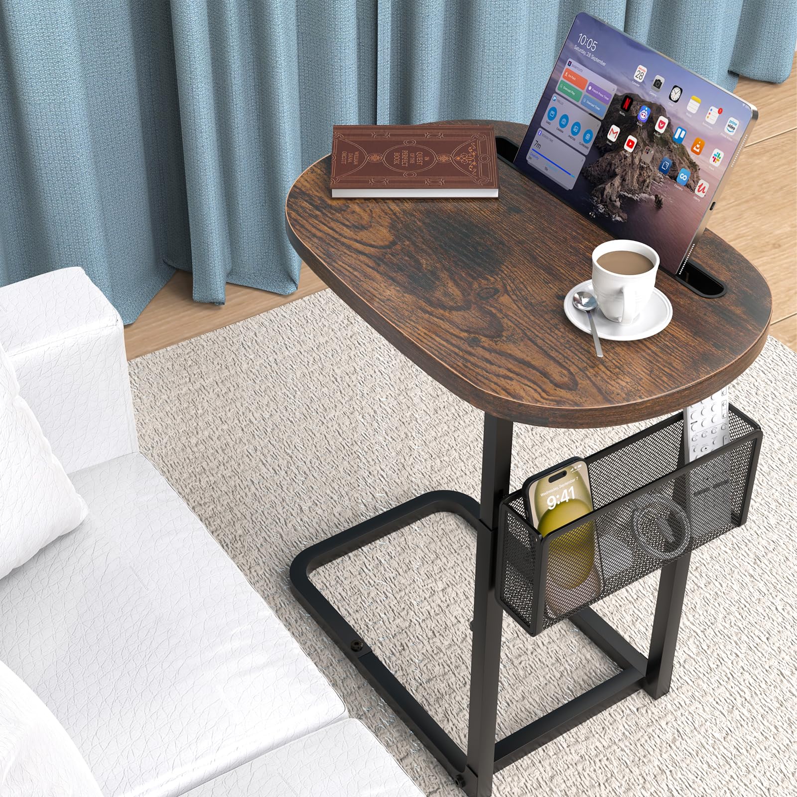 Fashion TV Tray Table with Large Tabletop, Adjustable Sofa Table with Storage Baskets, Strong Metal Frame, Tv Dinner Tray Table for TV Watching, Meals, Snacks (Oval, Brown, 16.93inch x 12.6inch)