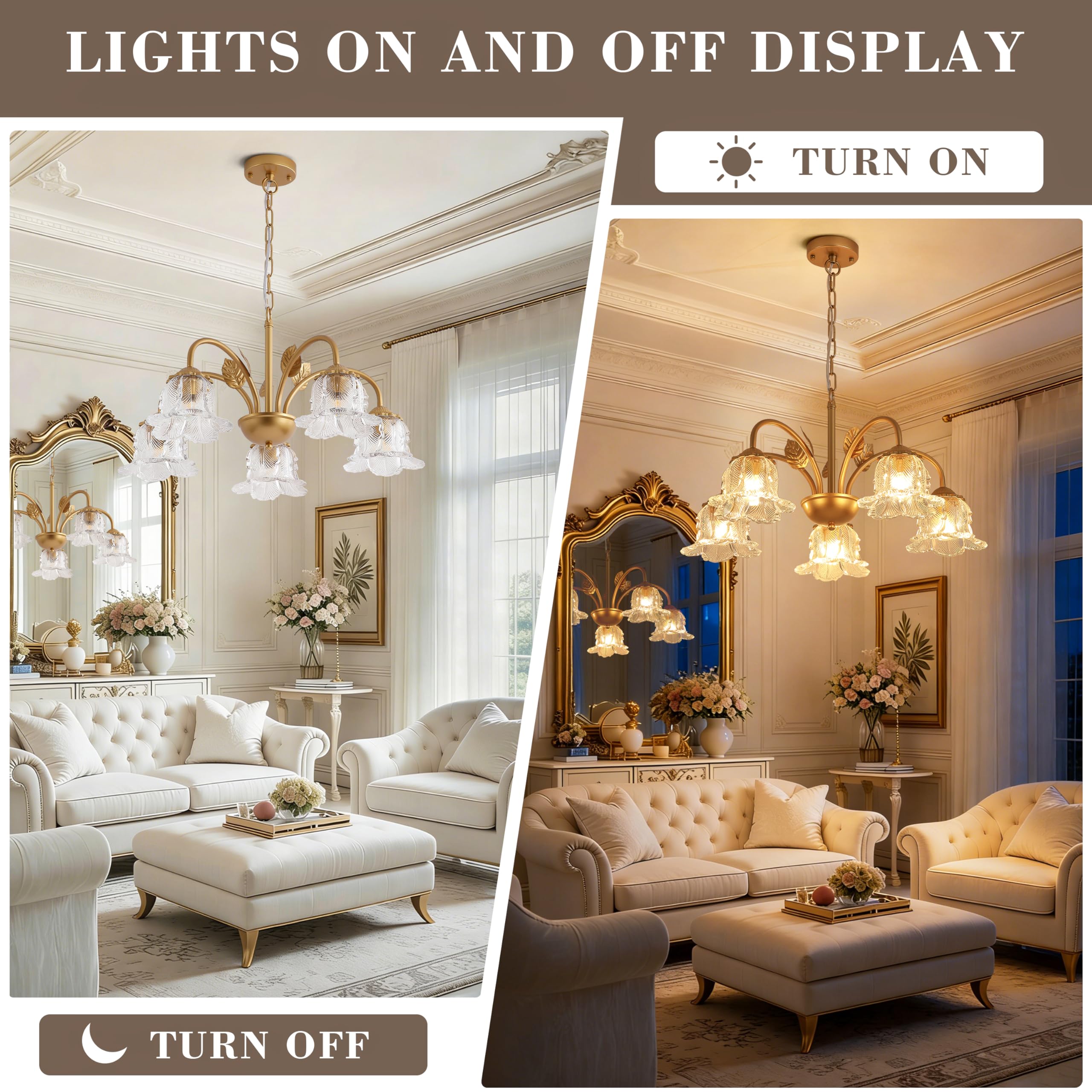 NZZDYI 5-Light Vintage Chandeliers for Dining Room 25" Modern Gold Glass Chandelier Rustic Adjustable Pendant Light Fixture for Kitchen sland Living Room Bedroom