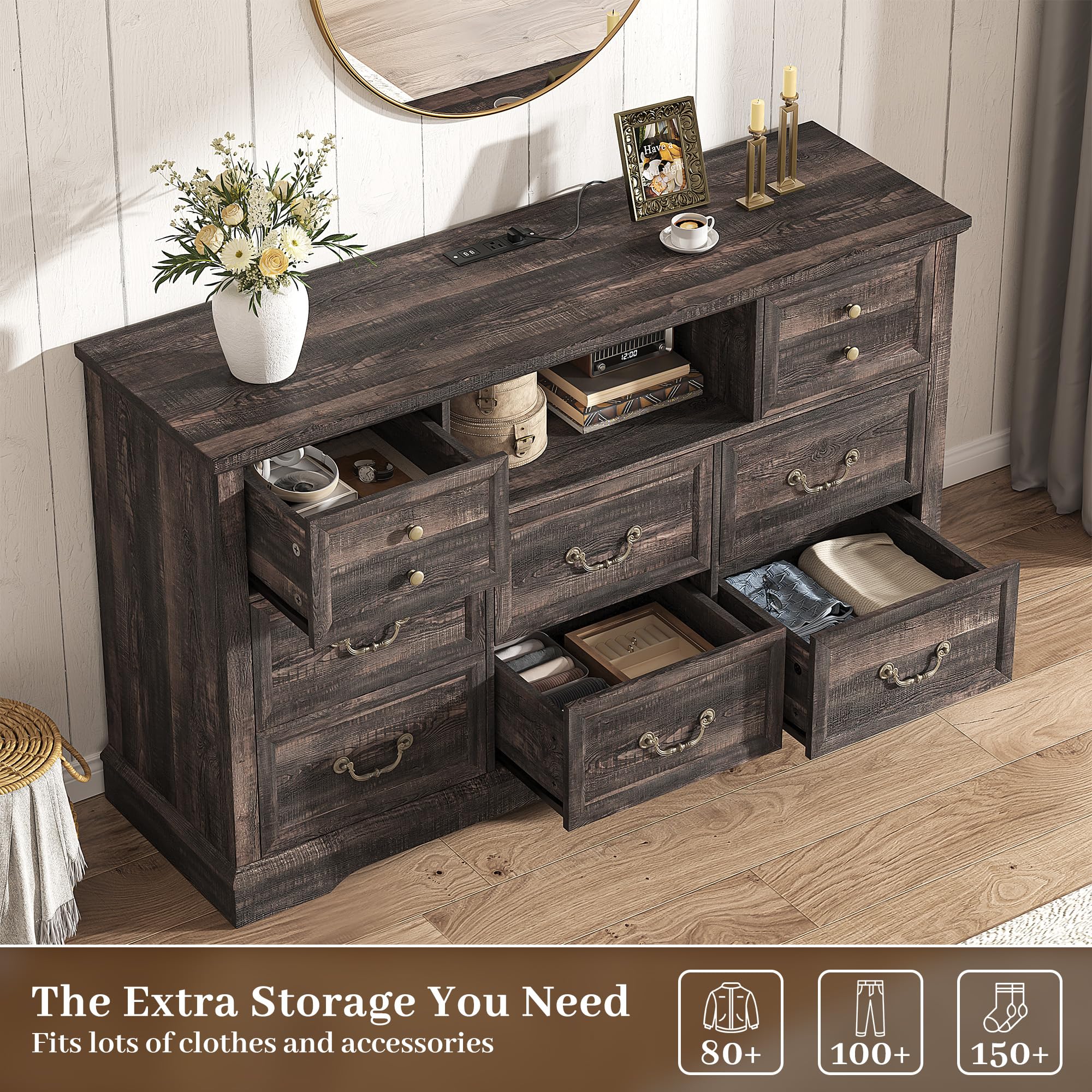 EnHomee 8 Drawers Dresser with Power Outlets and LED Lights,55" W Rustic Wooden Dressers & Chests of Drawers for Bedroom, Hallway, Rustic Oak, 55" W x 34.5" H x 15.7" D