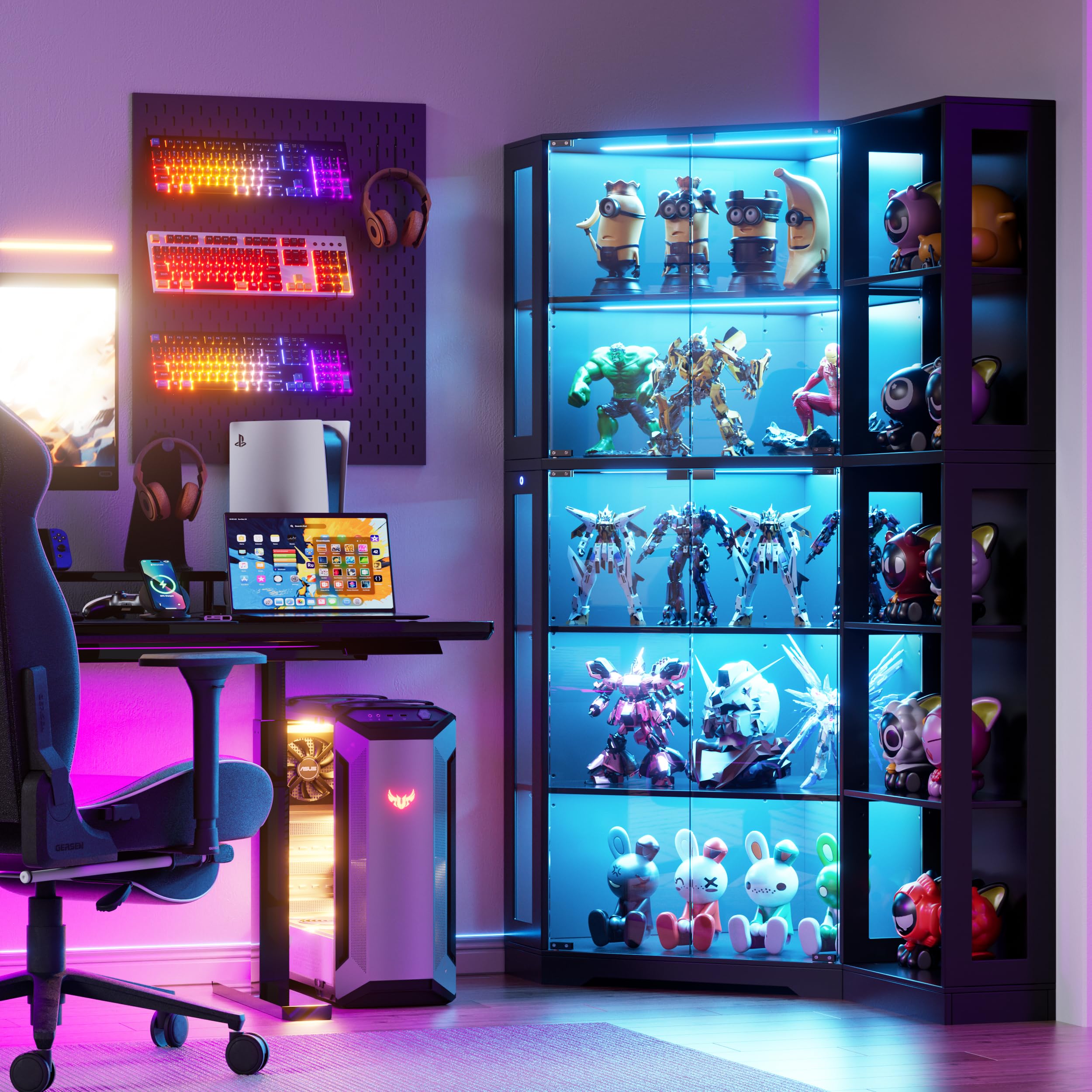 PAKASEPT Corner Display Curio Cabinet with Glass Doors, Glass Display Case with LED Lights for Collectibles,Display Storage Shelves for Living Room,Black