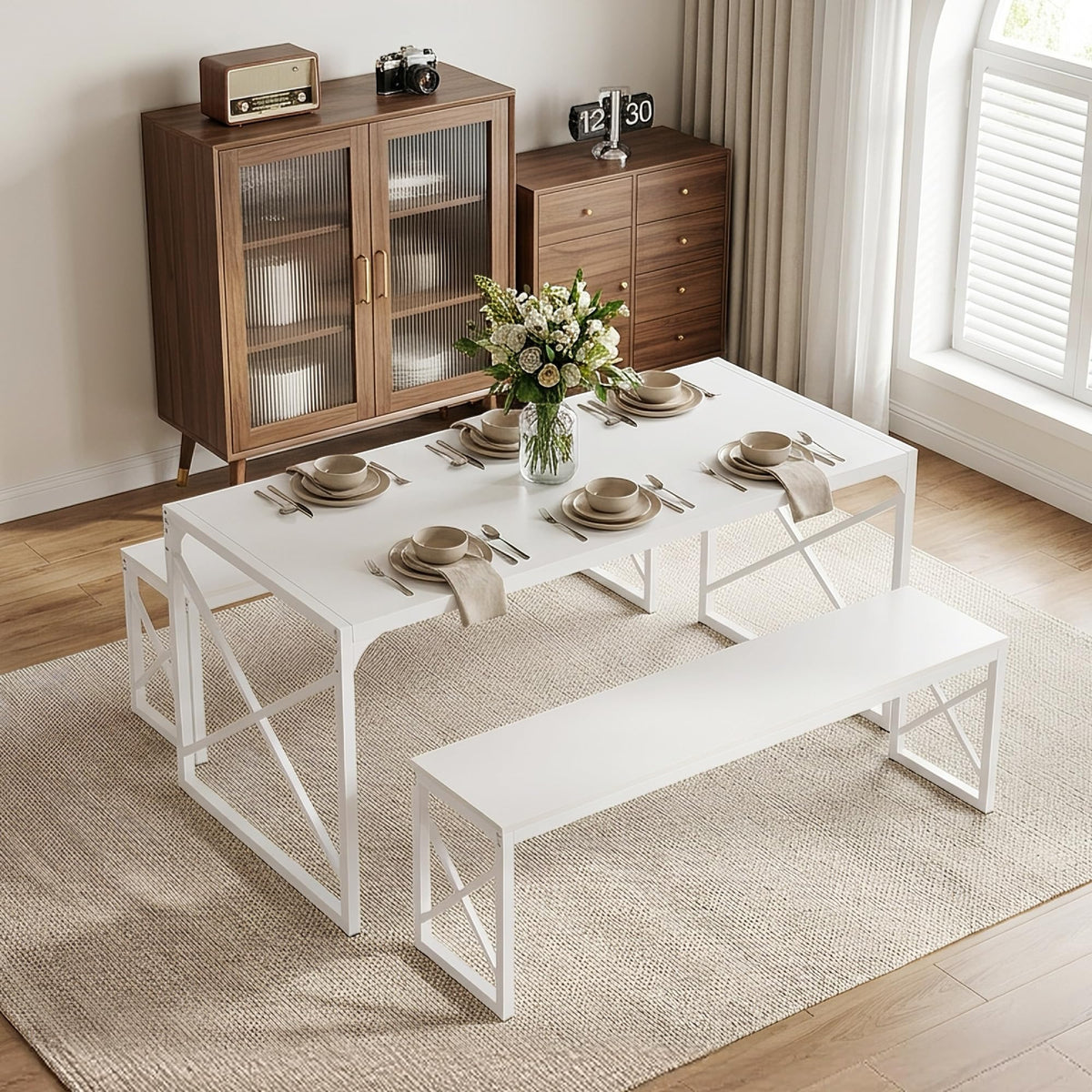 White Dining Table Set with Benches
