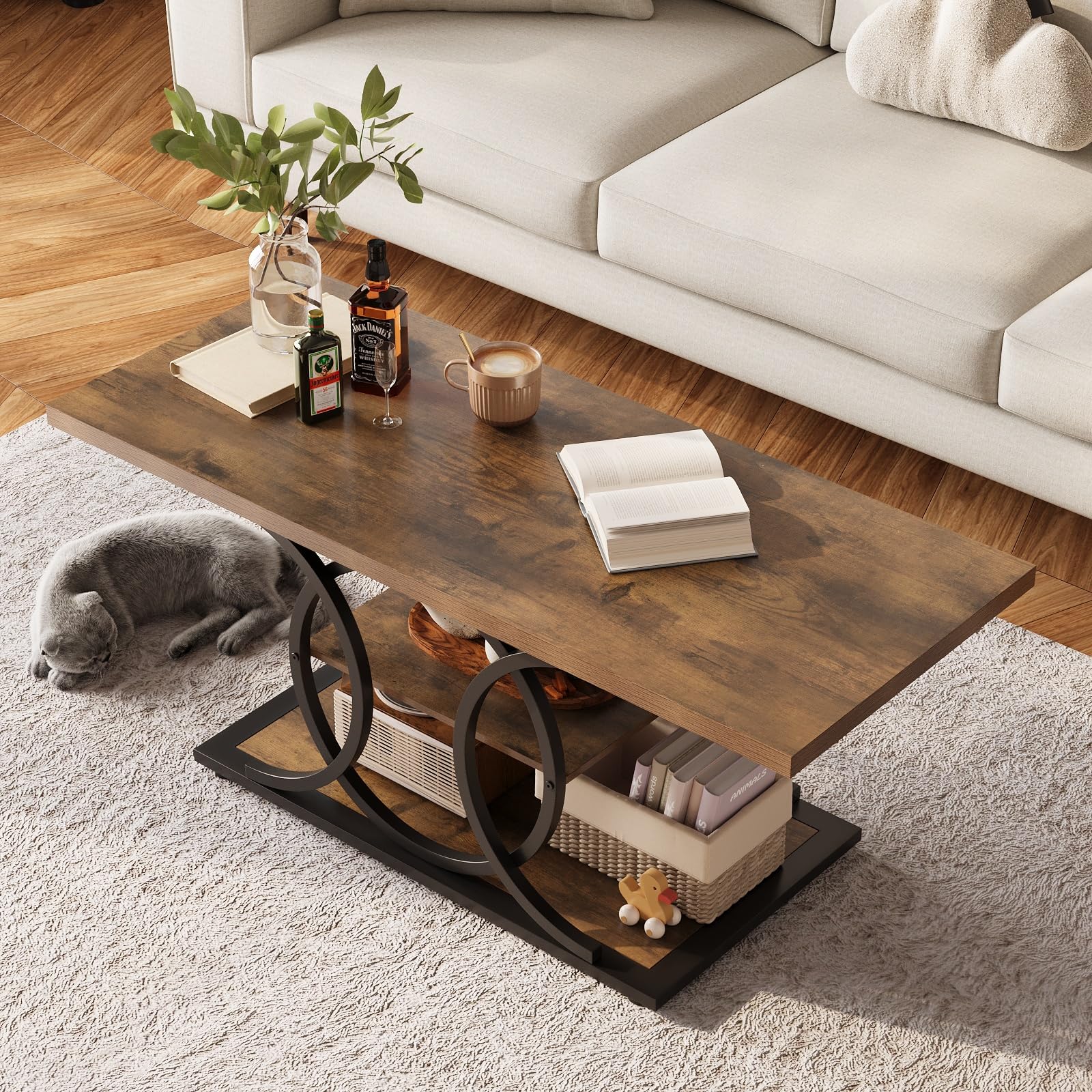 47" 3-Tier Rustic Coffee Table with Storage