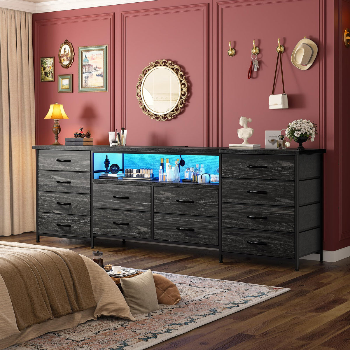 Romorgniz 63" W Dresser for Bedroom with 12 Drawers,LED,Power Outlets
