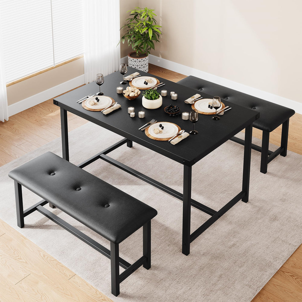 GAOMON Dining Table Set for 4, Kitchen Table with Benches, Rectangular Dining Room Table Set with 2 Upholstered Benches, 3 Piece Kitchen Table Set for Small Space, Apartment, Studio, Retro Black